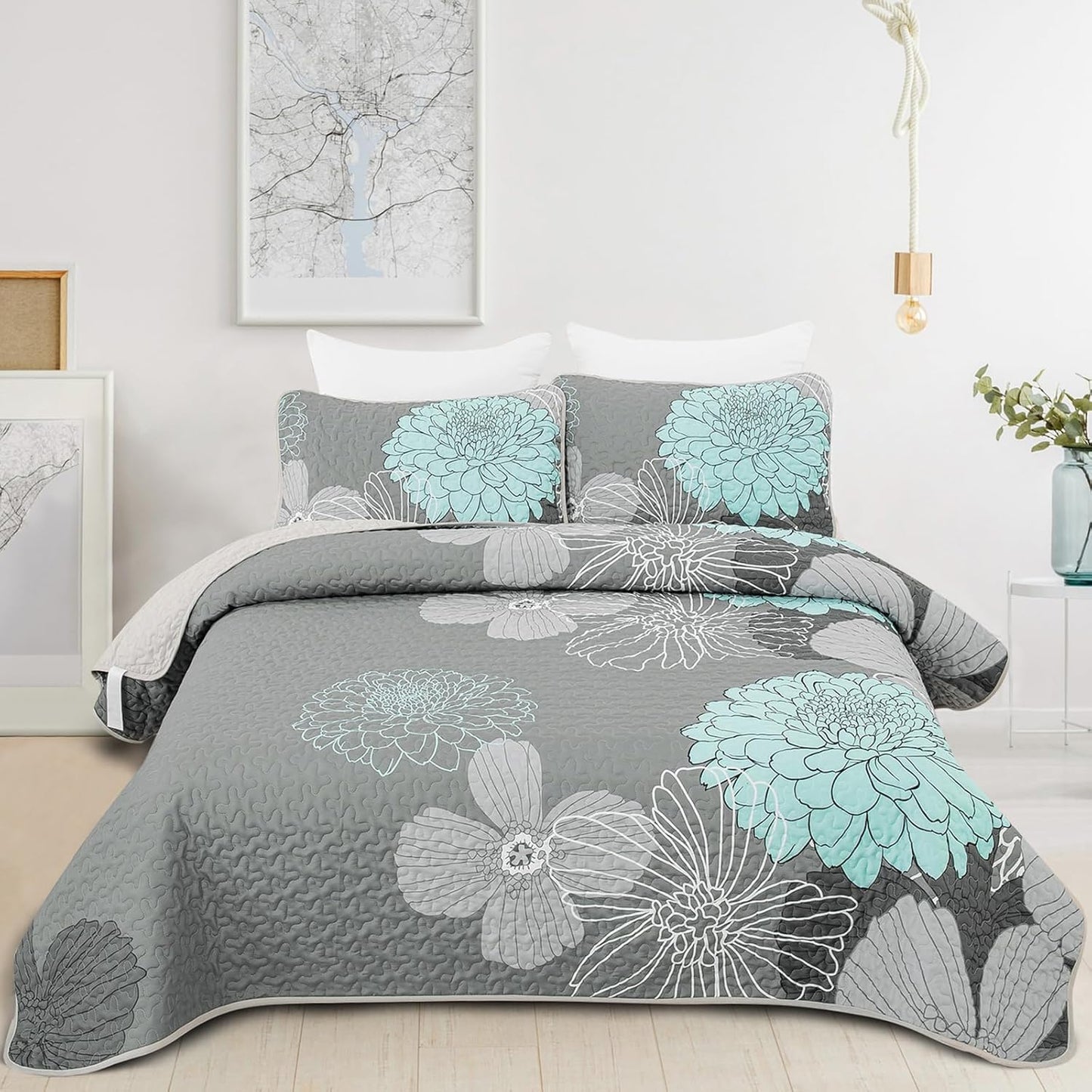 Green Floral Pattern Full Size Quilt Set for Elegant Bedding