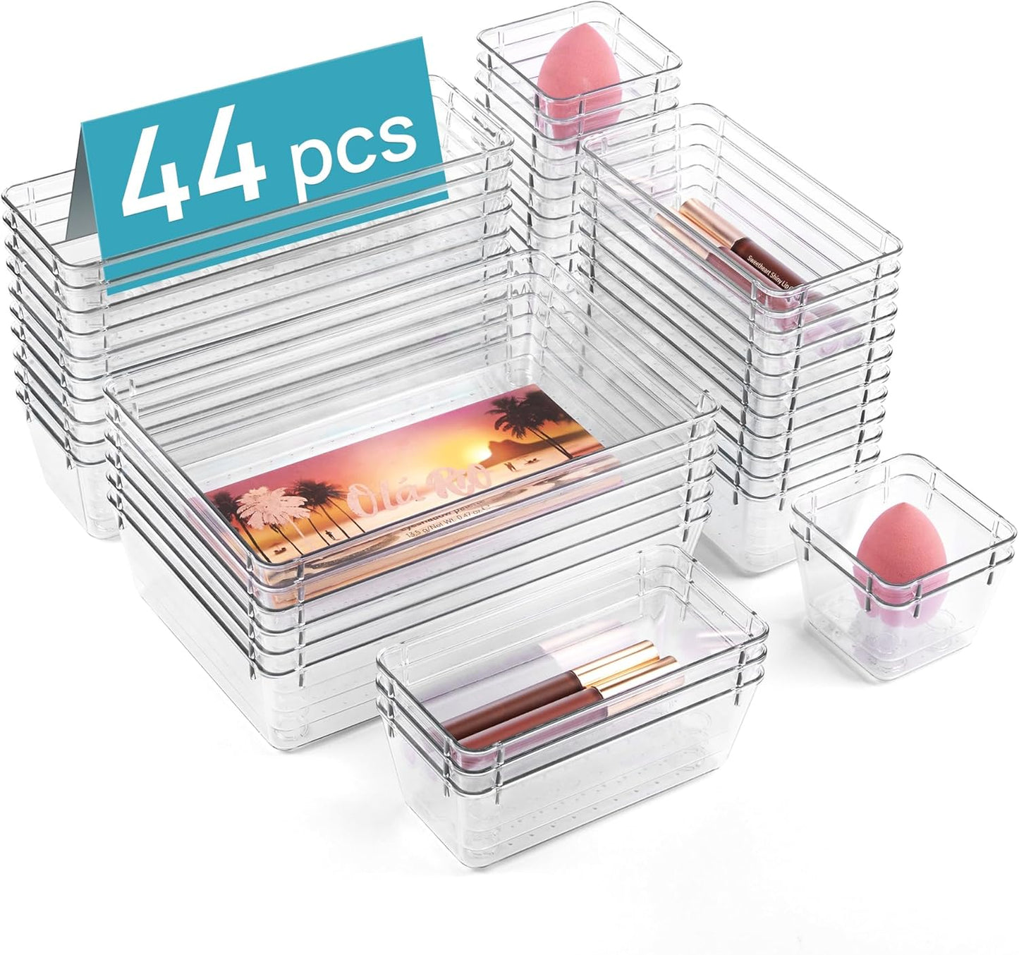 44-Piece Clear Plastic Drawer Organizers Set - Non-Slip Storage for Any Space