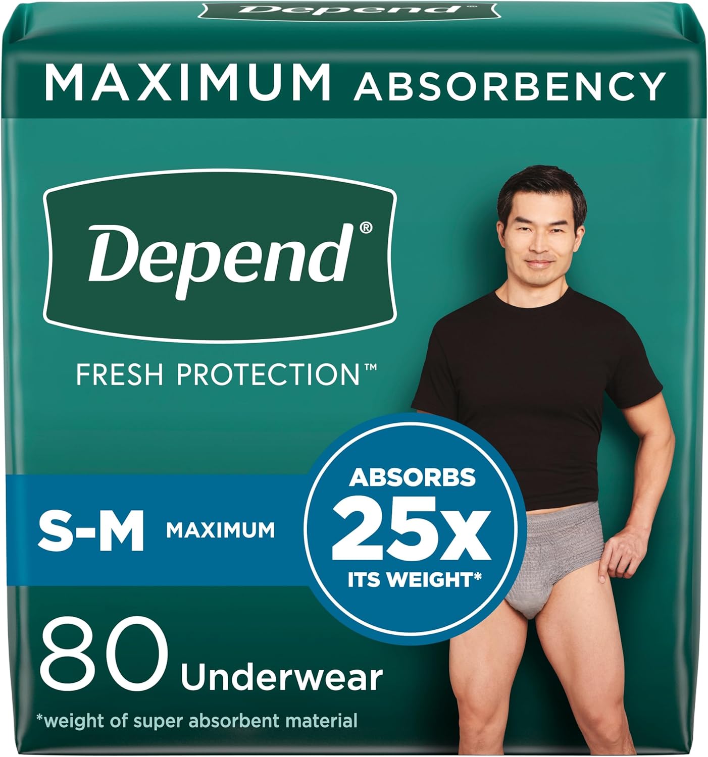 Depend Men's Incontinence Underwear, Maximum Protection, Small/Medium, 80 Count