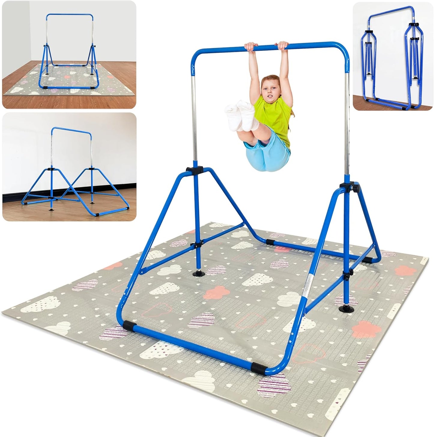 Foldable Gymnastic Bar for Kids Ages 3-9 with Mat and Stability