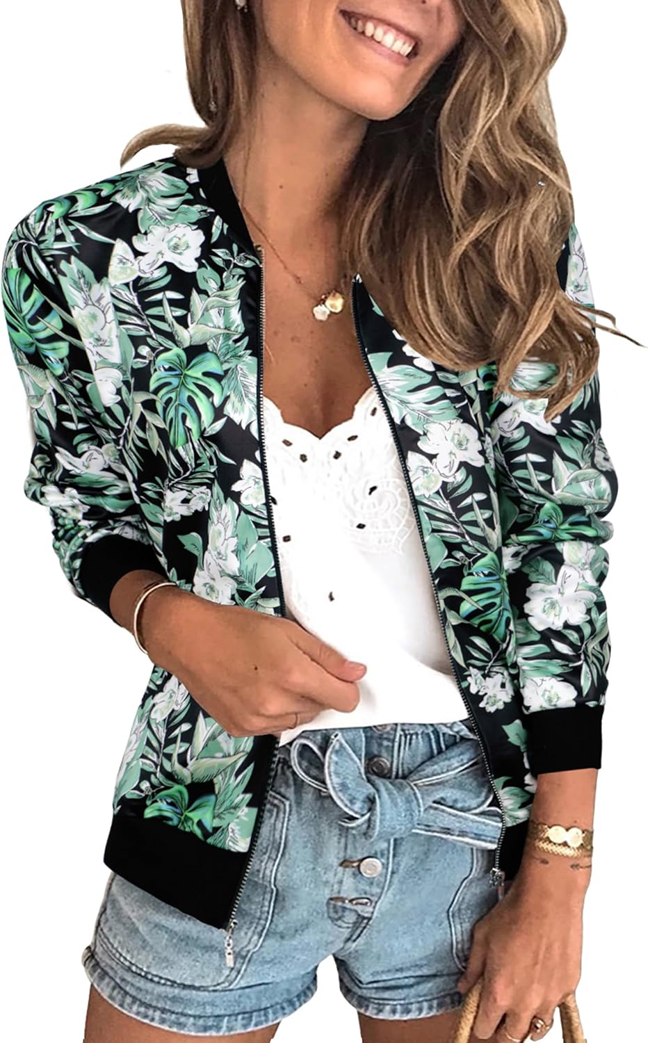 Stylish ECOWISH Women's Casual Floral Zip Up Bomber Jacket