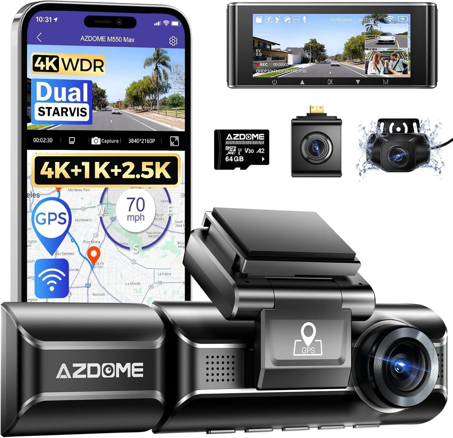 AZDOME M550 Max 4K 3-Ch Dash Cam: Triple Camera, IR Night Vision