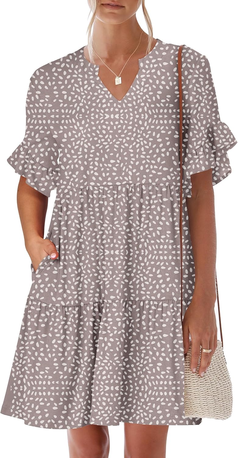 Trendy Ruffle Short Sleeve V Neck A Line Mini Beach Dress