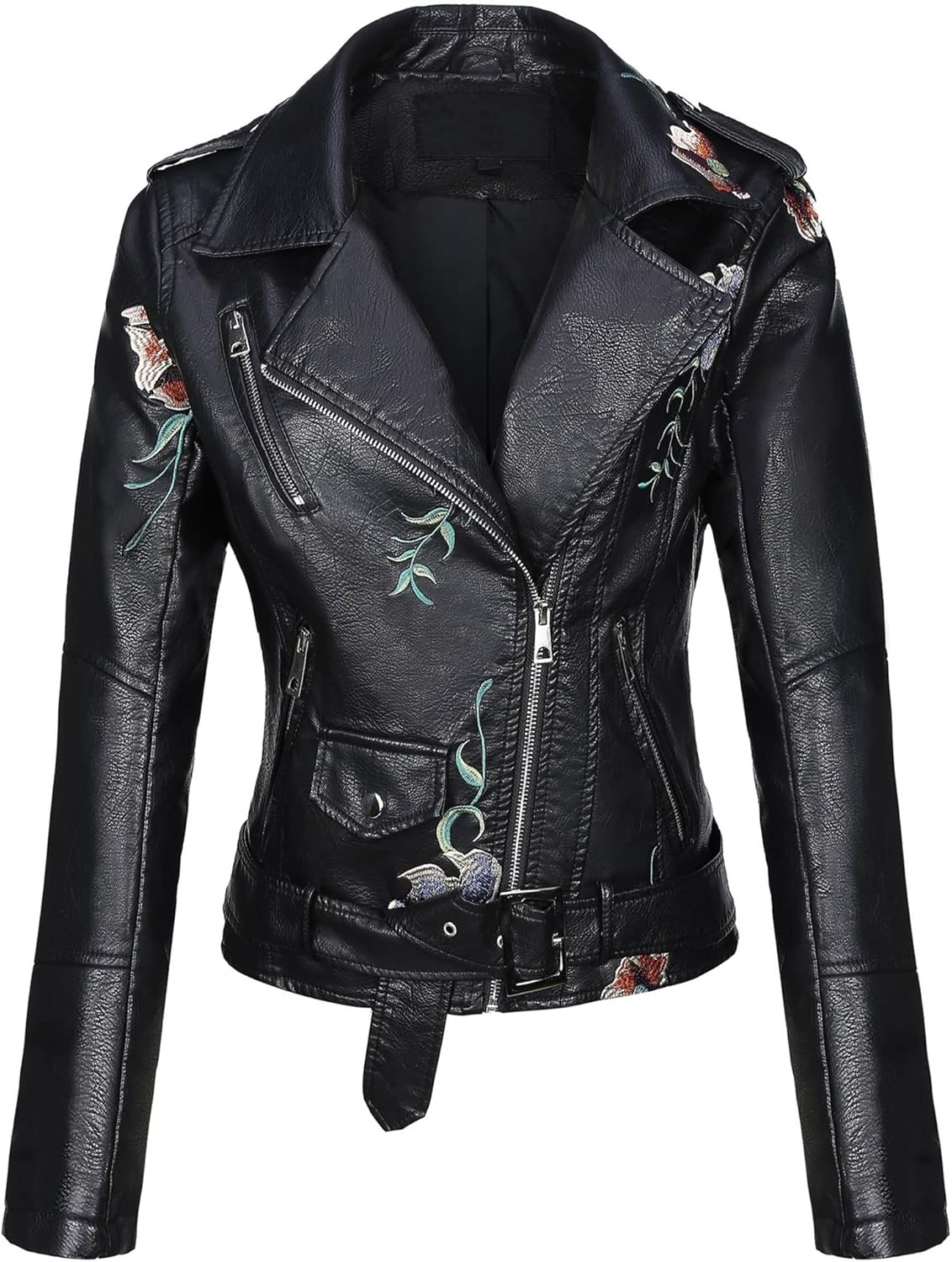 Faux Leather Jacket for Women with Floral Design and Studs