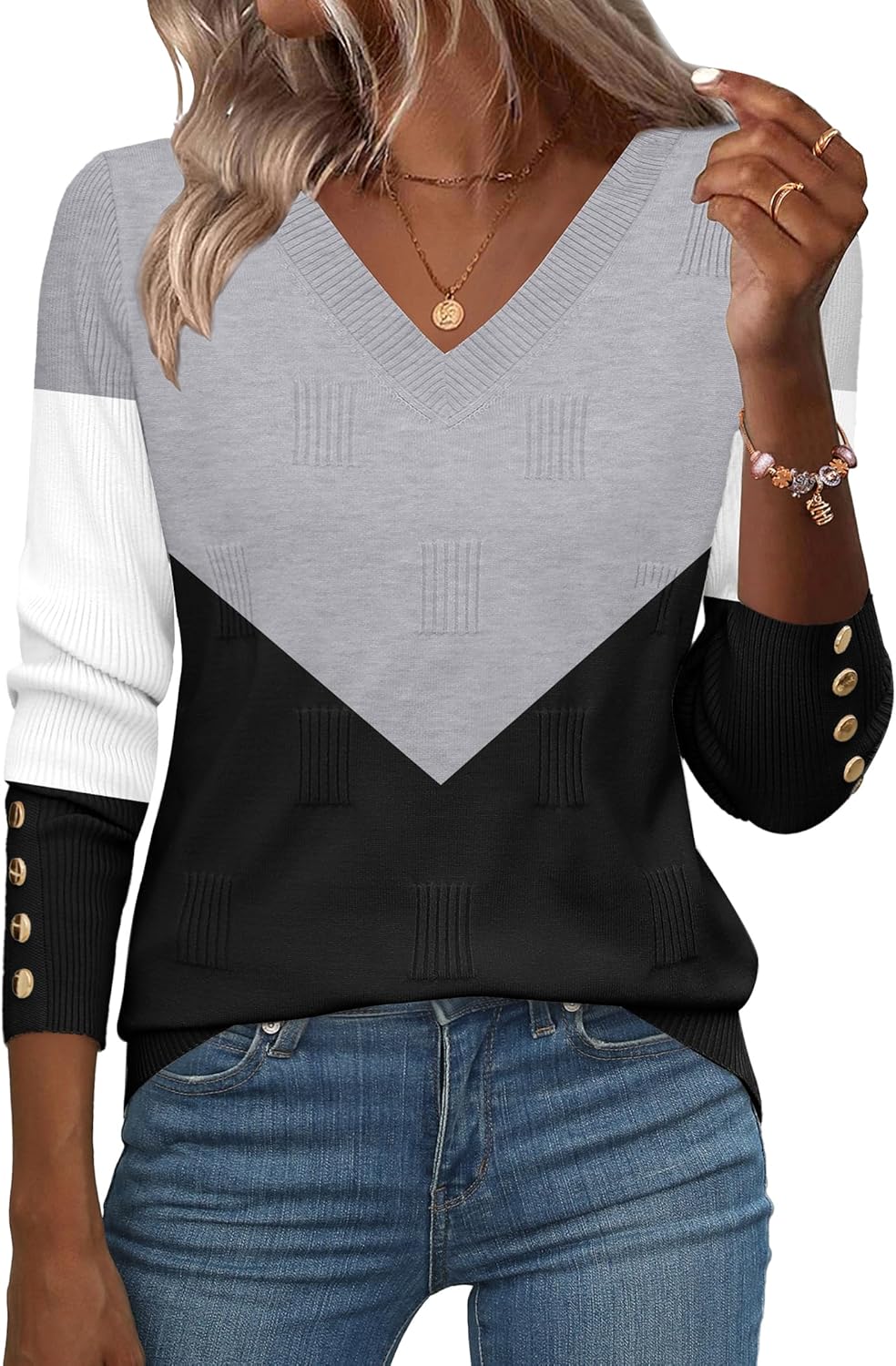 Stylish V Neck Sweater for Women - Lightweight Ribbed Knit Top