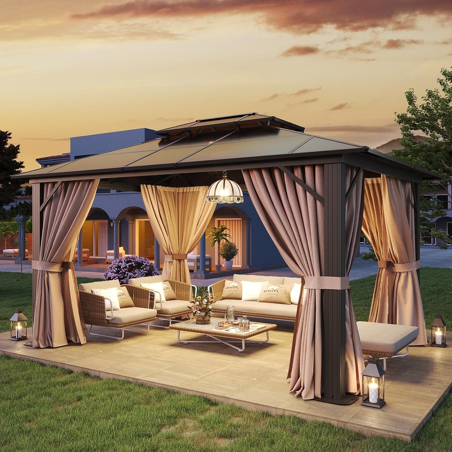 Aoxun 10ftx12ft Hardtop Gazebo with Double Roof Canopy Design