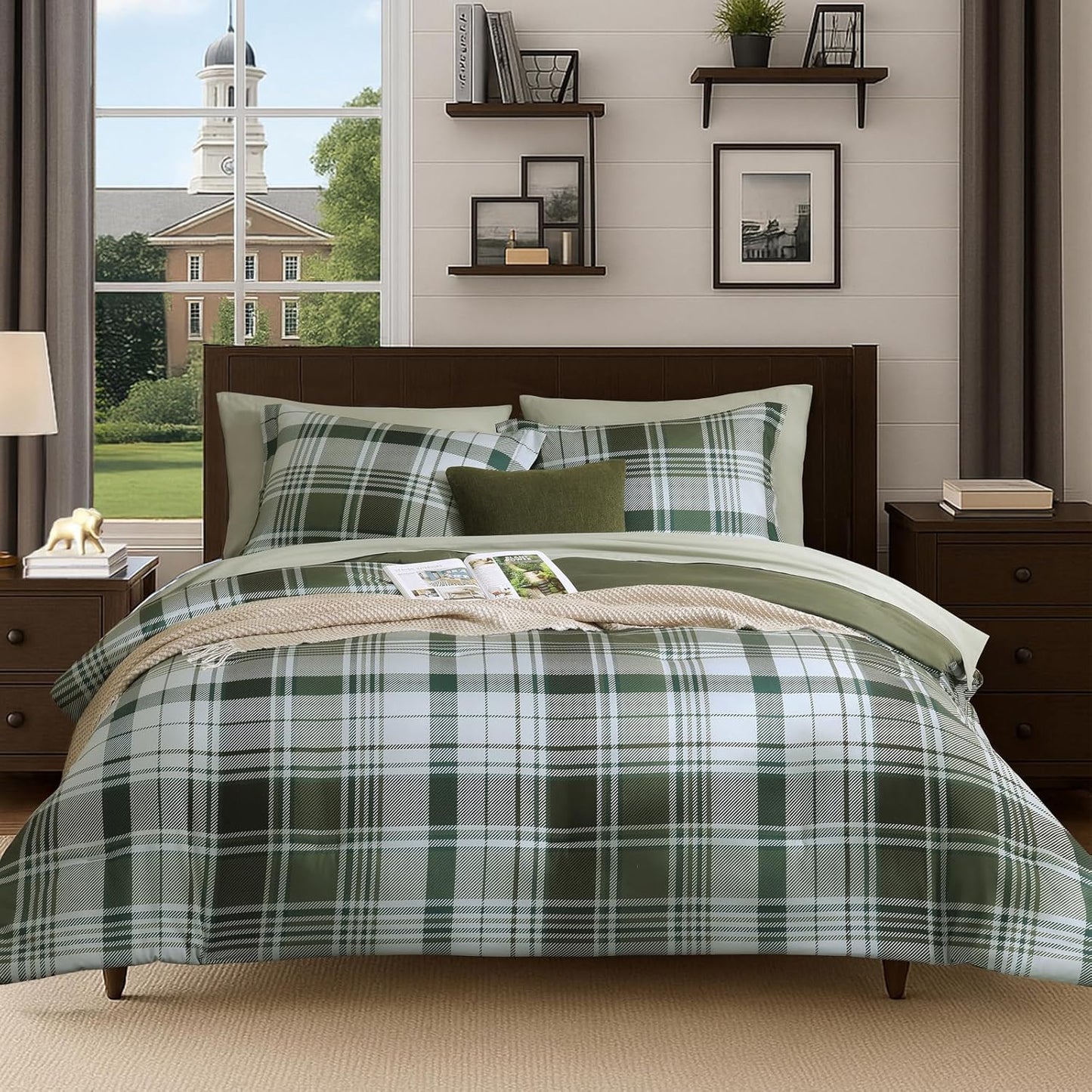 Plaid Queen Comforter Set Olive Green for Cozy Farmhouse Style