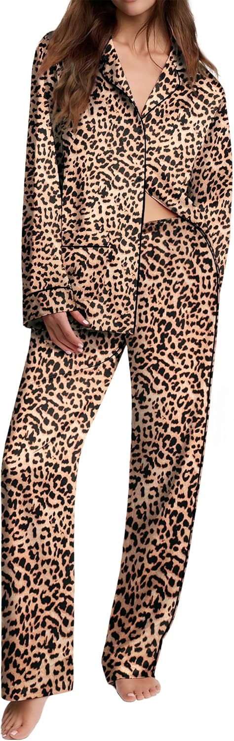 Ekouaer Womens Pajama Sets Classic Button Down Silk Sleepwear