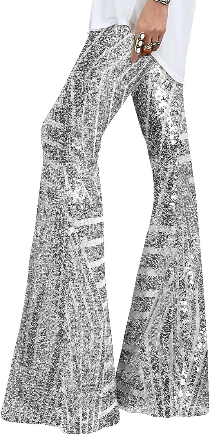 EVALESS Women Sequin Pants Sparkly Glitter High Waisted Trousers