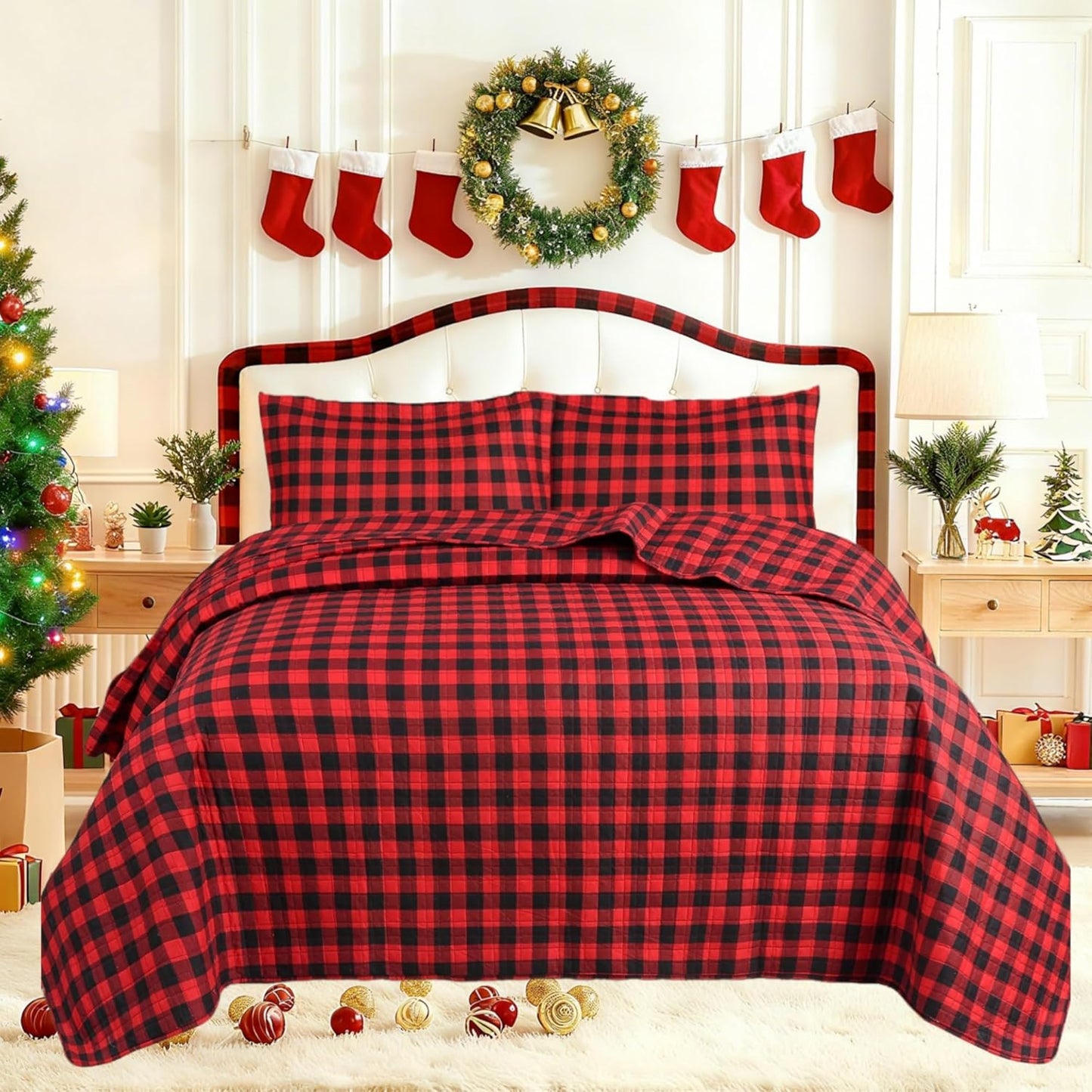 MarCielo 3 Piece Christmas Quilt Set for Rustic Lodge Decor