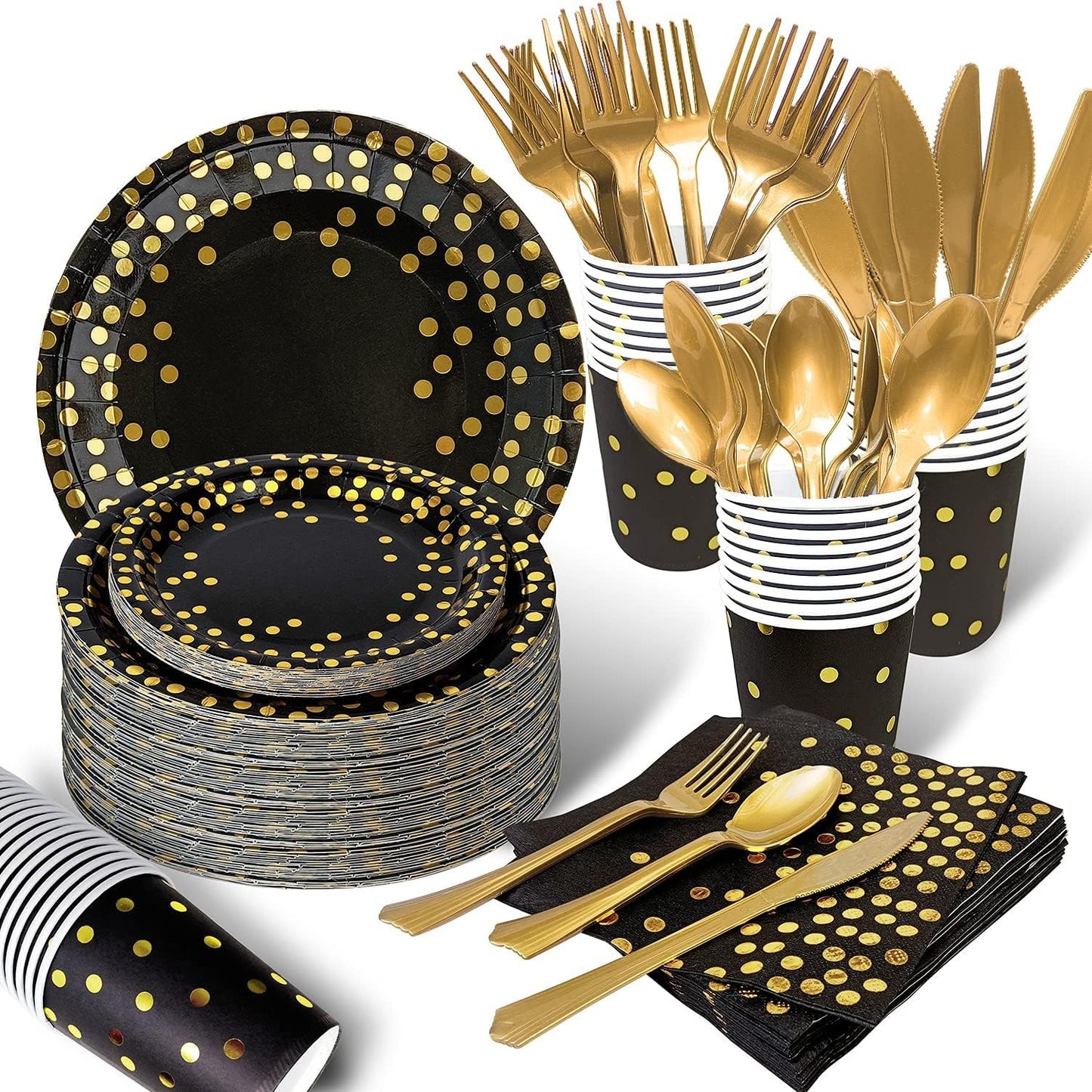 AIRE 350PCS Black and Gold Paper Plates for 50 Guests Party