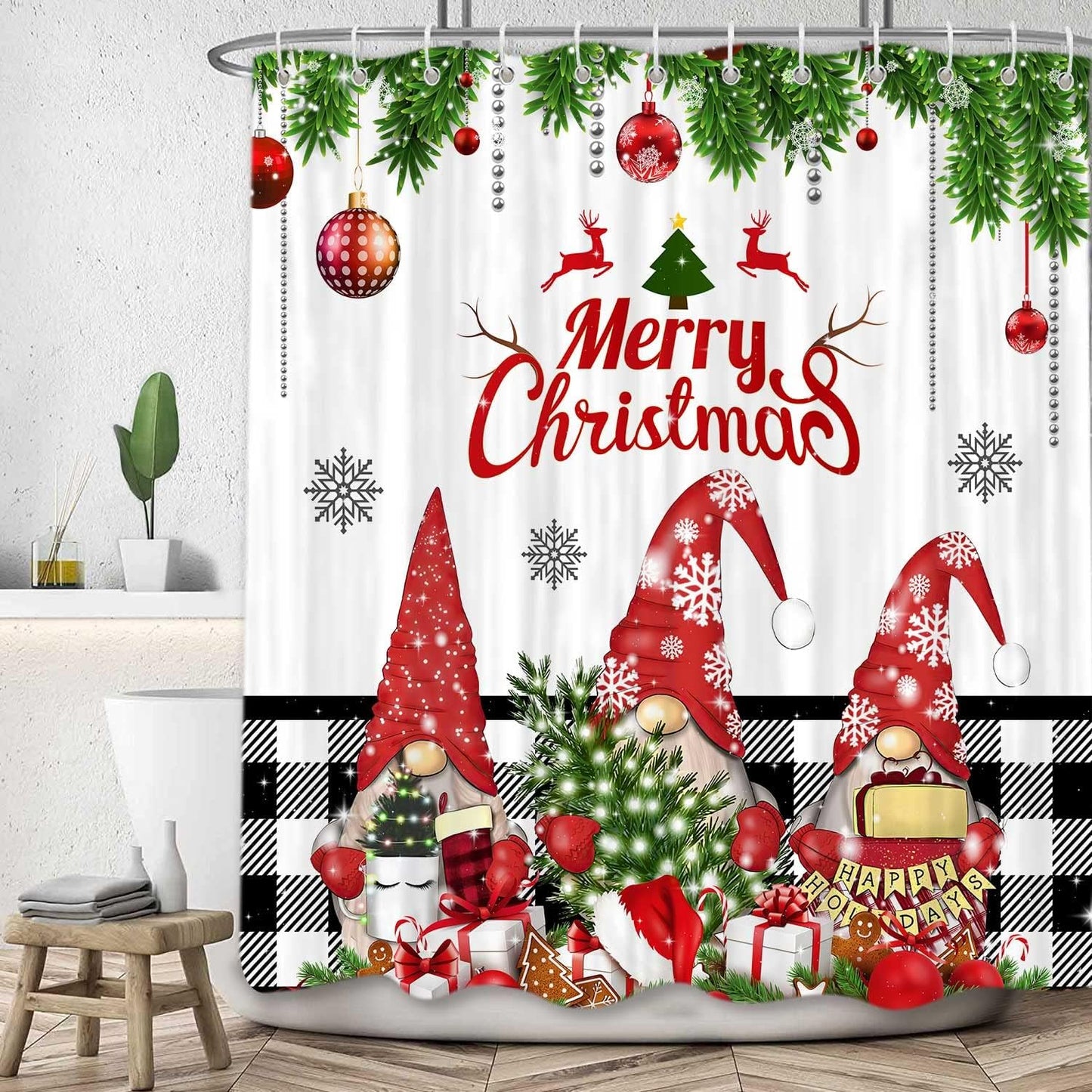 Farmhouse Christmas Gnomes Shower Curtain Set - Festive Bathroom Decor