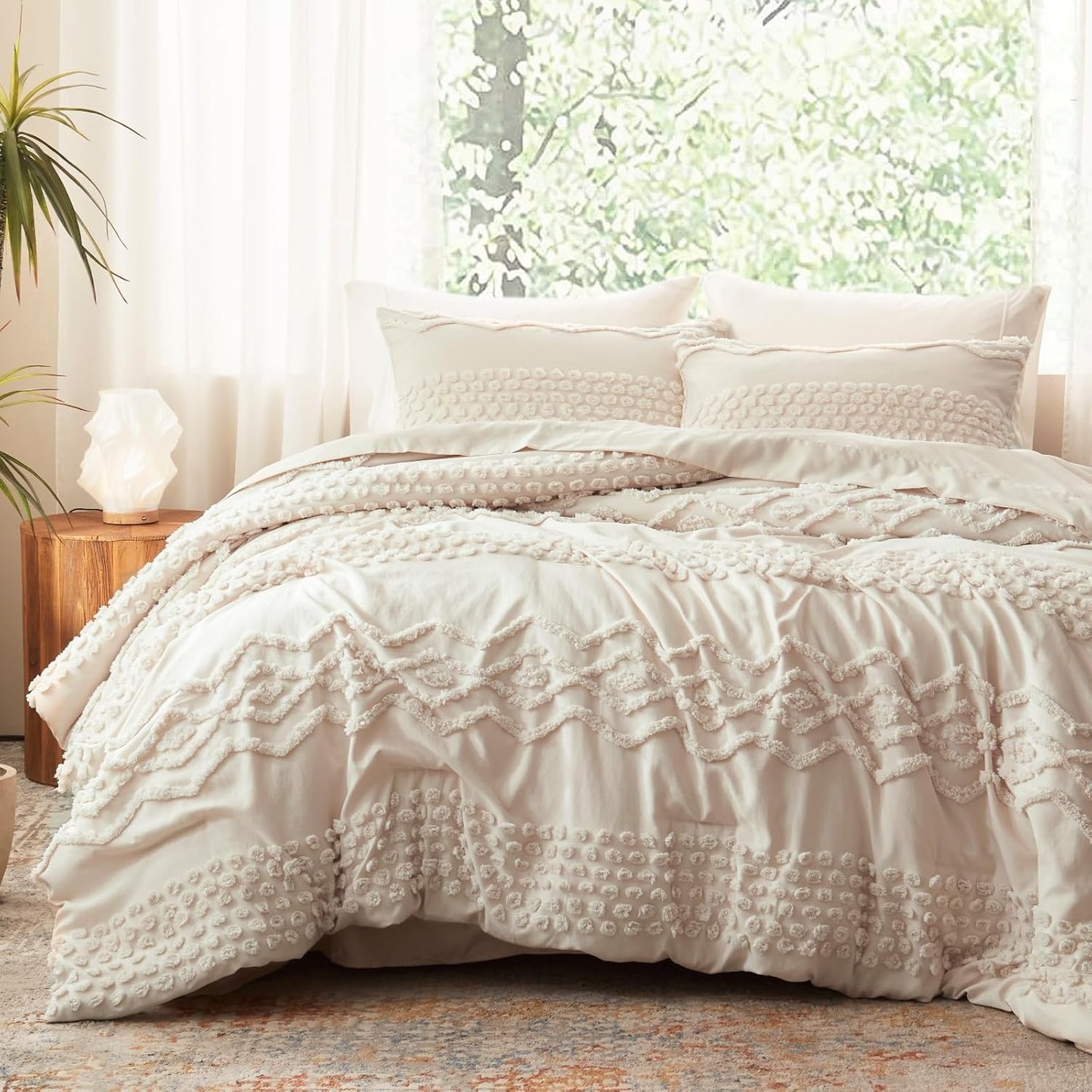 Luxudecor Beige Tufted Comforter Set for Chic Bedroom Style