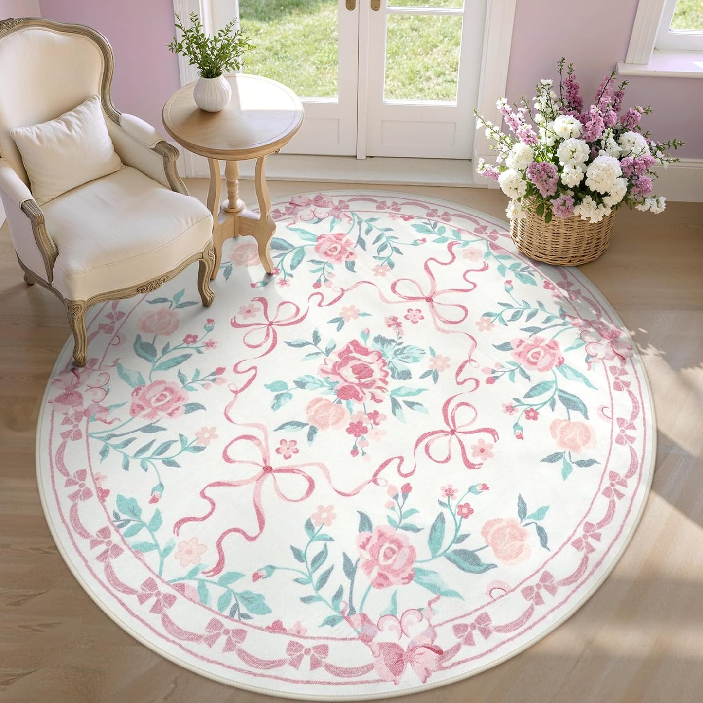 Collive Pink 6ft Round Rugs for Girls - Floral Washable Decor