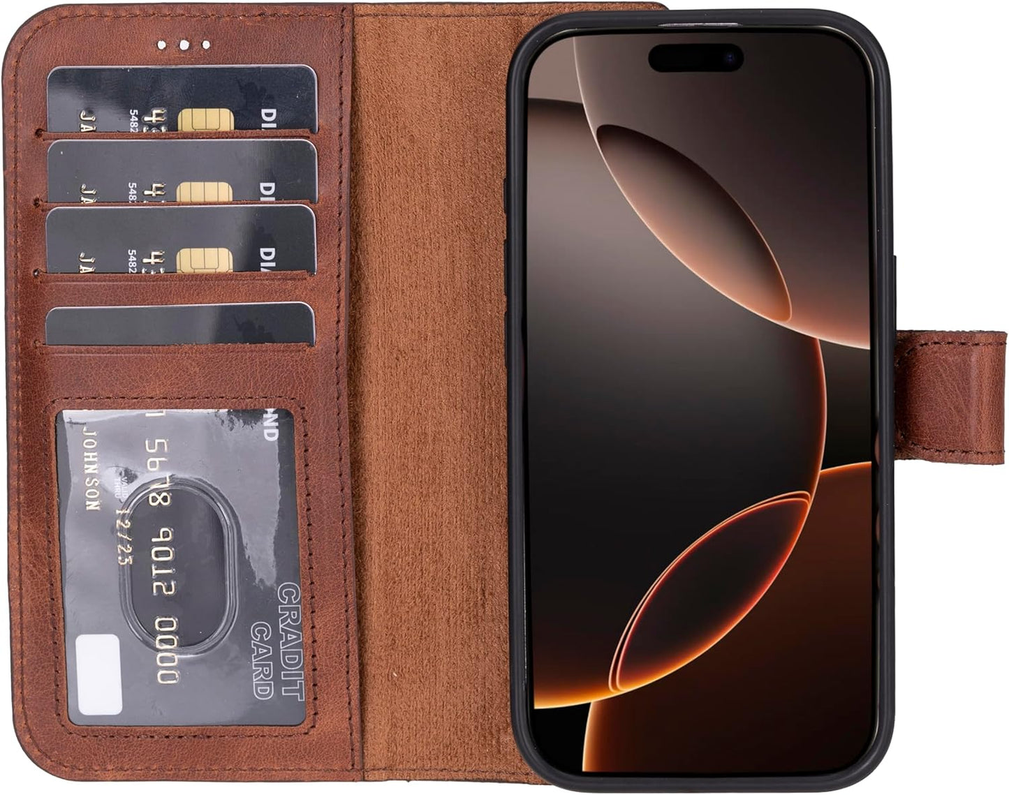 Genuine Leather Handmade Wallet Case for iPhone 16 Pro - Brown