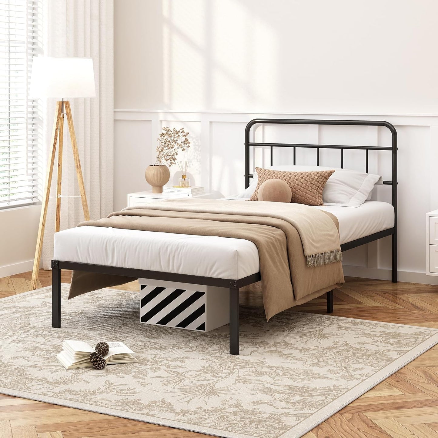 Twin Size Bed Frame with Minimalist Headboard and Storage