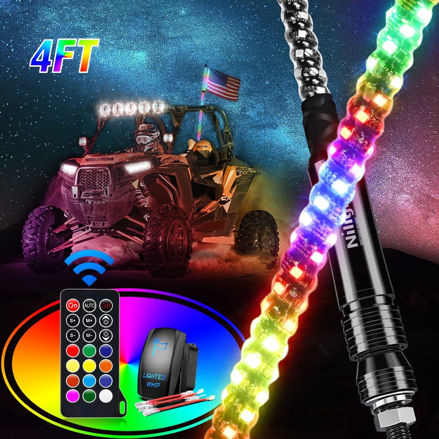 Nilight 4FT Spiral RGB LED Whip Light for Offroad Vehicles