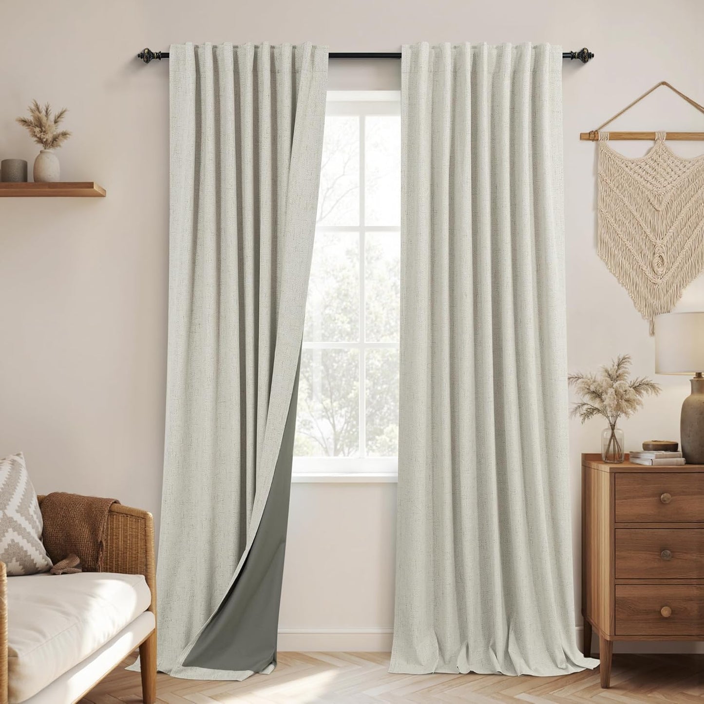 KOUFALL Vintage Boho Natural Linen Blackout Curtains for Home