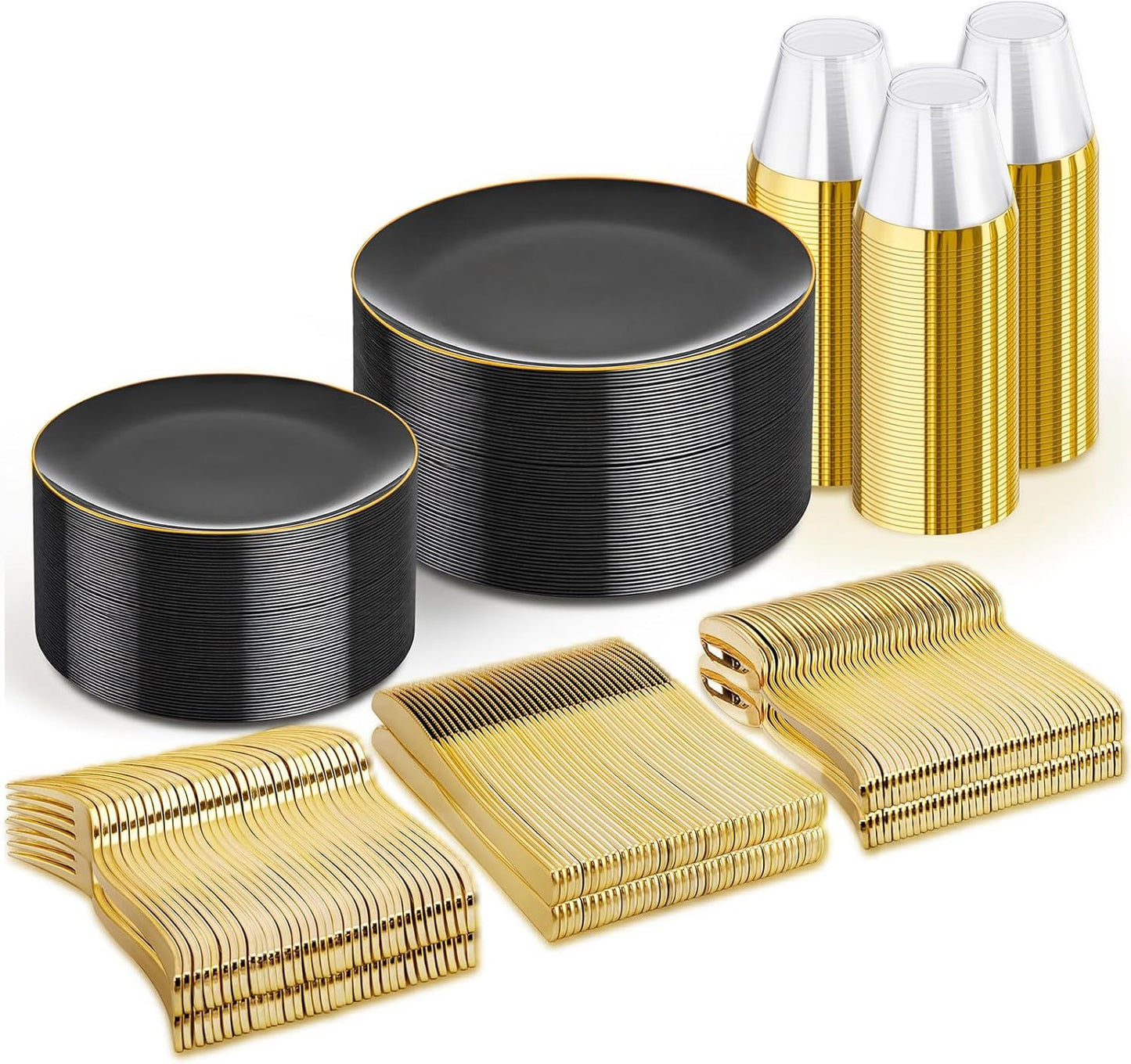WDF 300PCS Black and Gold Plates for Elegant Party Events
