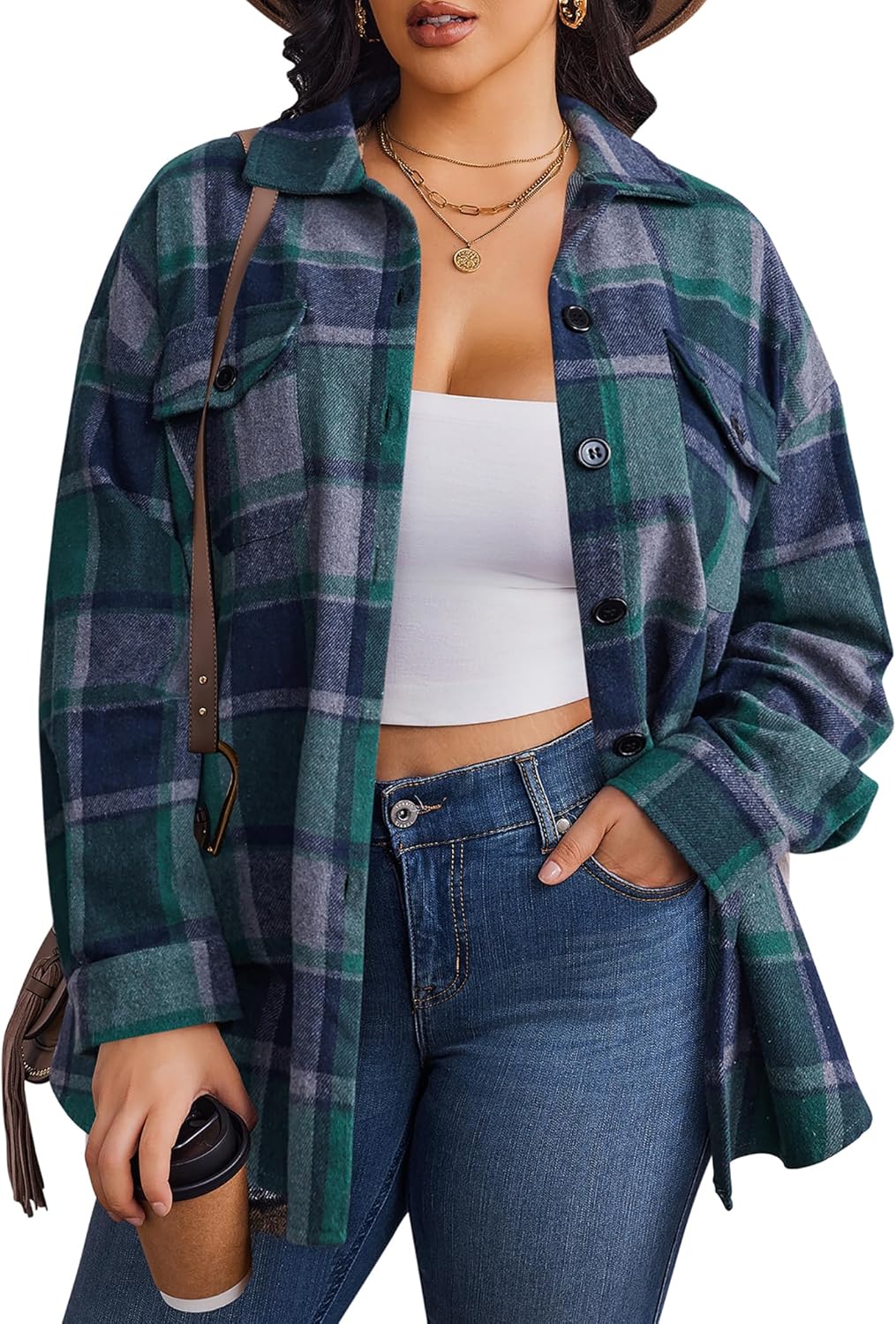 Plus Size Flannel Plaid Shacket for Women - Stylish Fall Jacket