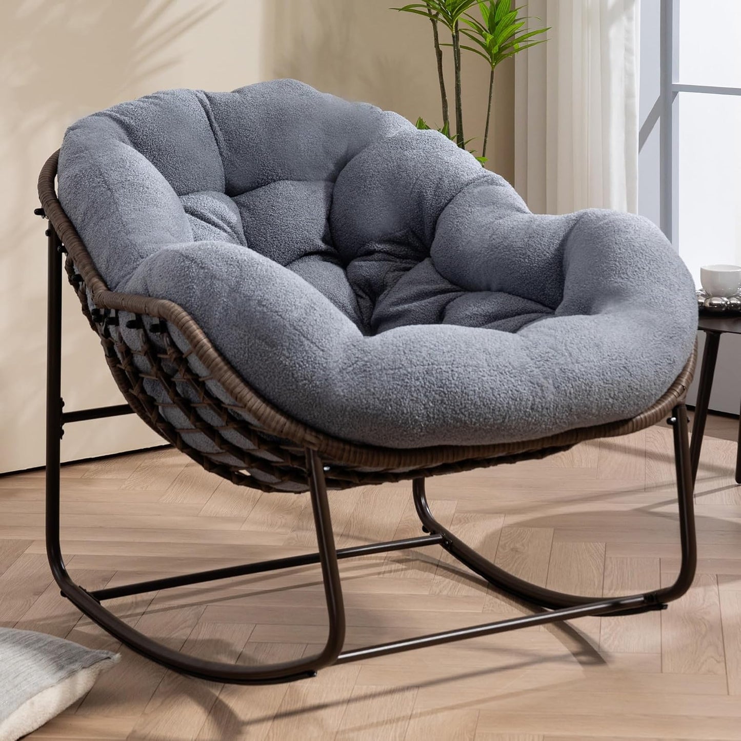 Oversized Papasan Rocking Chair with Teddy Cushion for Comfort
