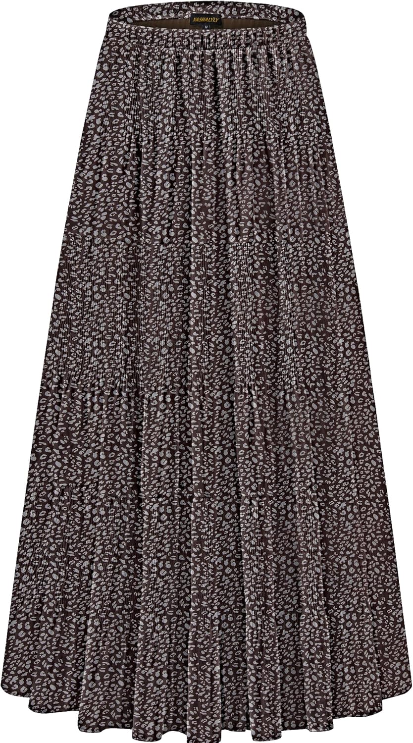 Chiffon Elastic High Waist Pleated A-Line Maxi Skirt for Women