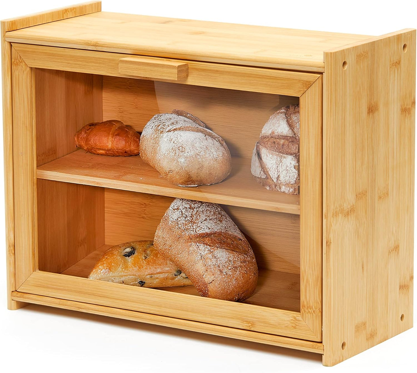 Premium Bamboo Double Layer Bread Box with Clear Window Storage