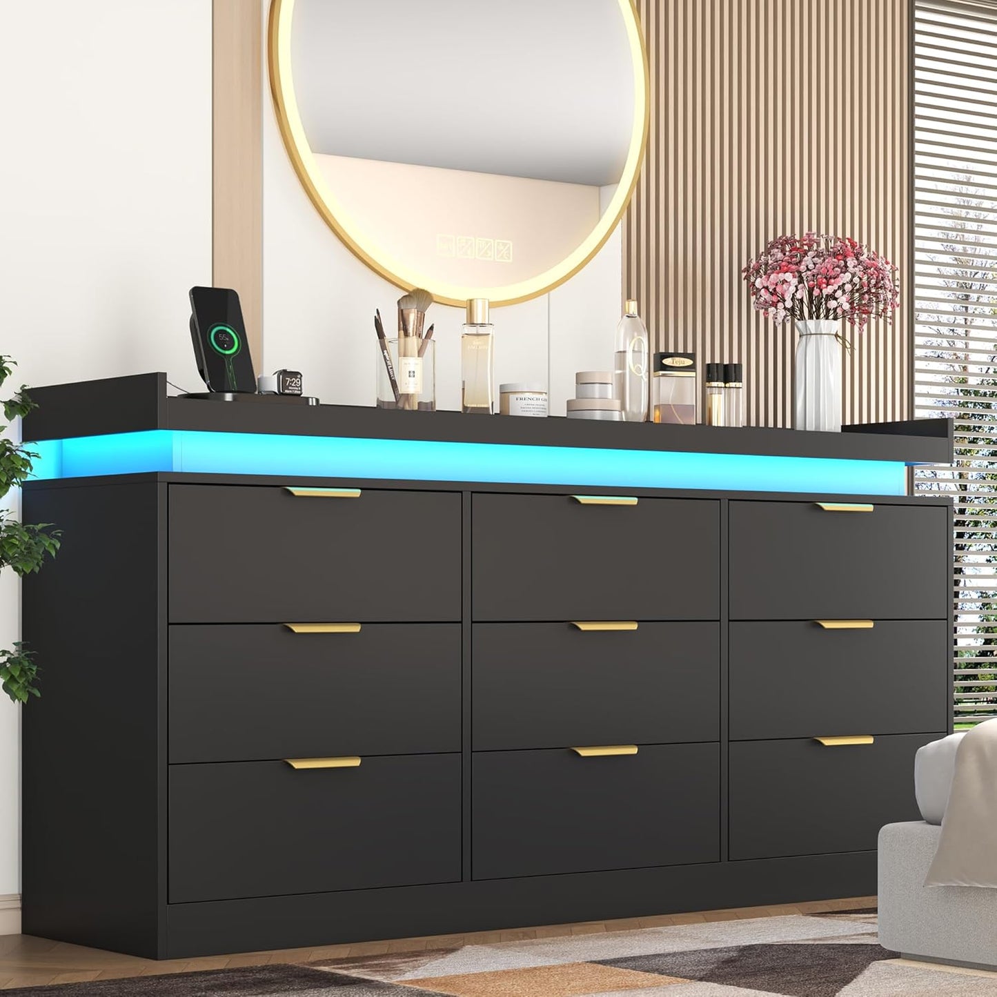 9 Drawer Dresser with LED Lights and Power Outlet for Bedroom