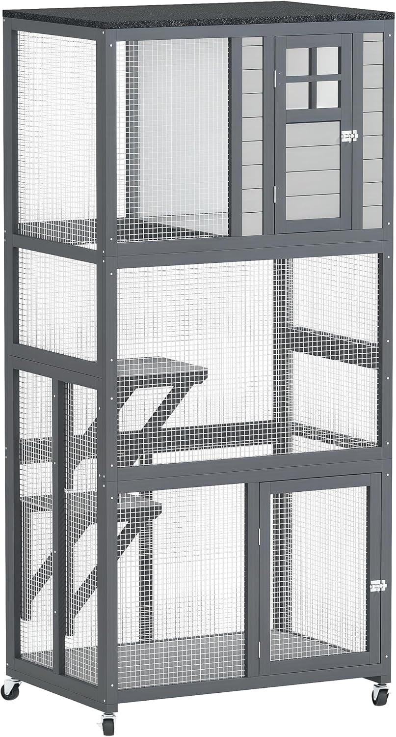 PawHut 74in Wooden Catio Outdoor Cat Enclosure for Cats