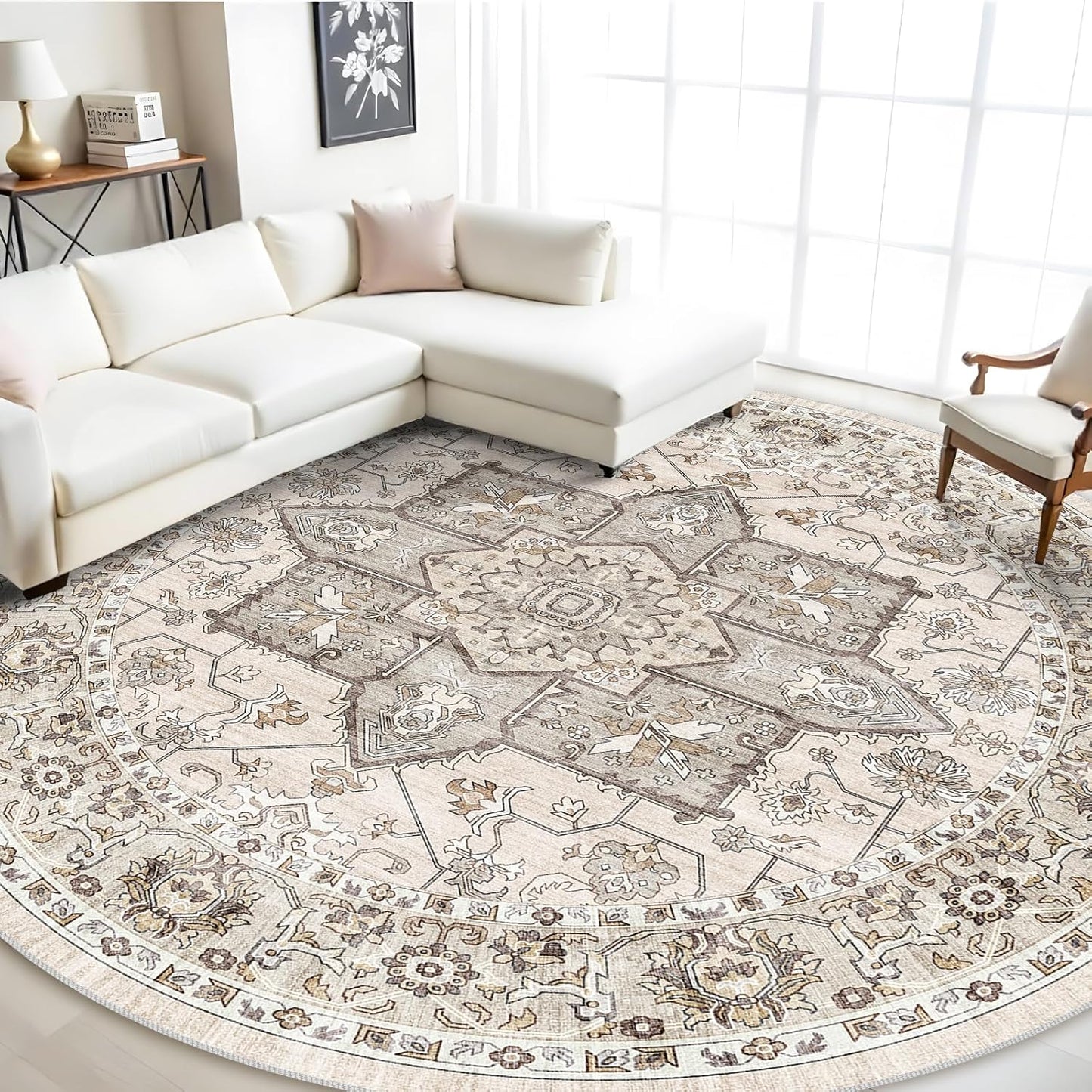 RUUGME Washable 9 ft Round Rug - Large Boho Tribal Carpet