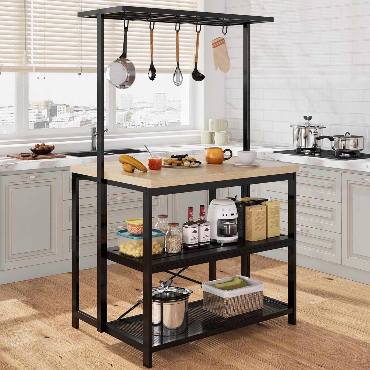GAOMON 3-Tier Kitchen Island with Storage & Hooks