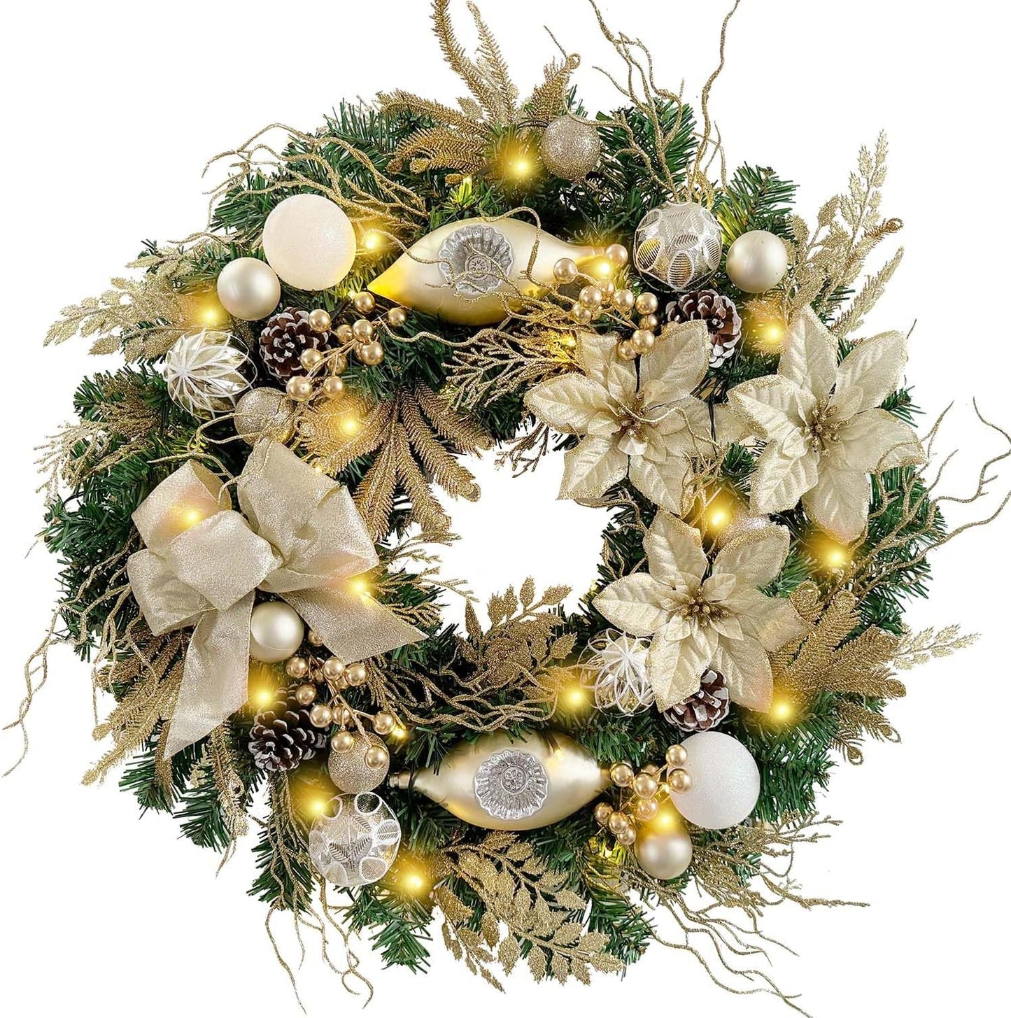 Pre-Lit 24 Inch Christmas Wreath with LED Lights and Ornaments