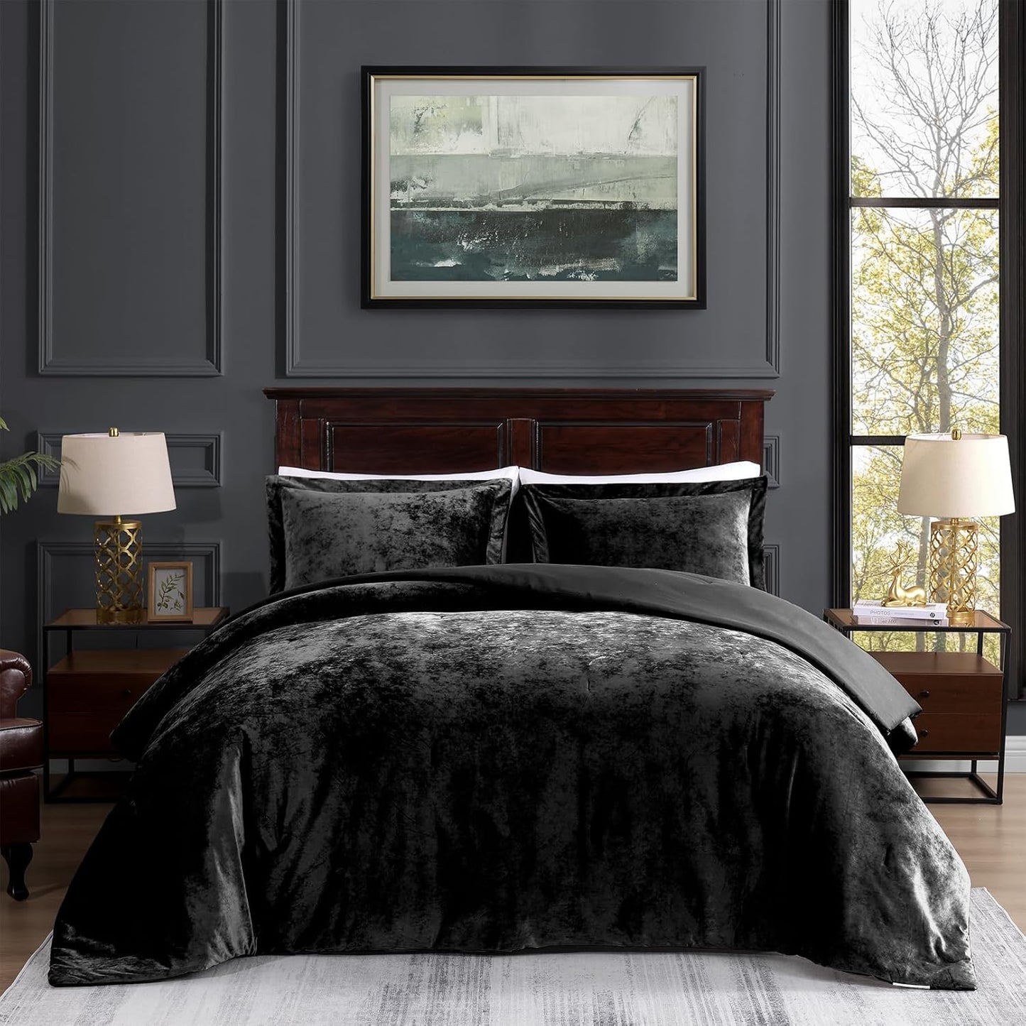 Crushed Velvet Comforter King Set - Luxury Black Bedding