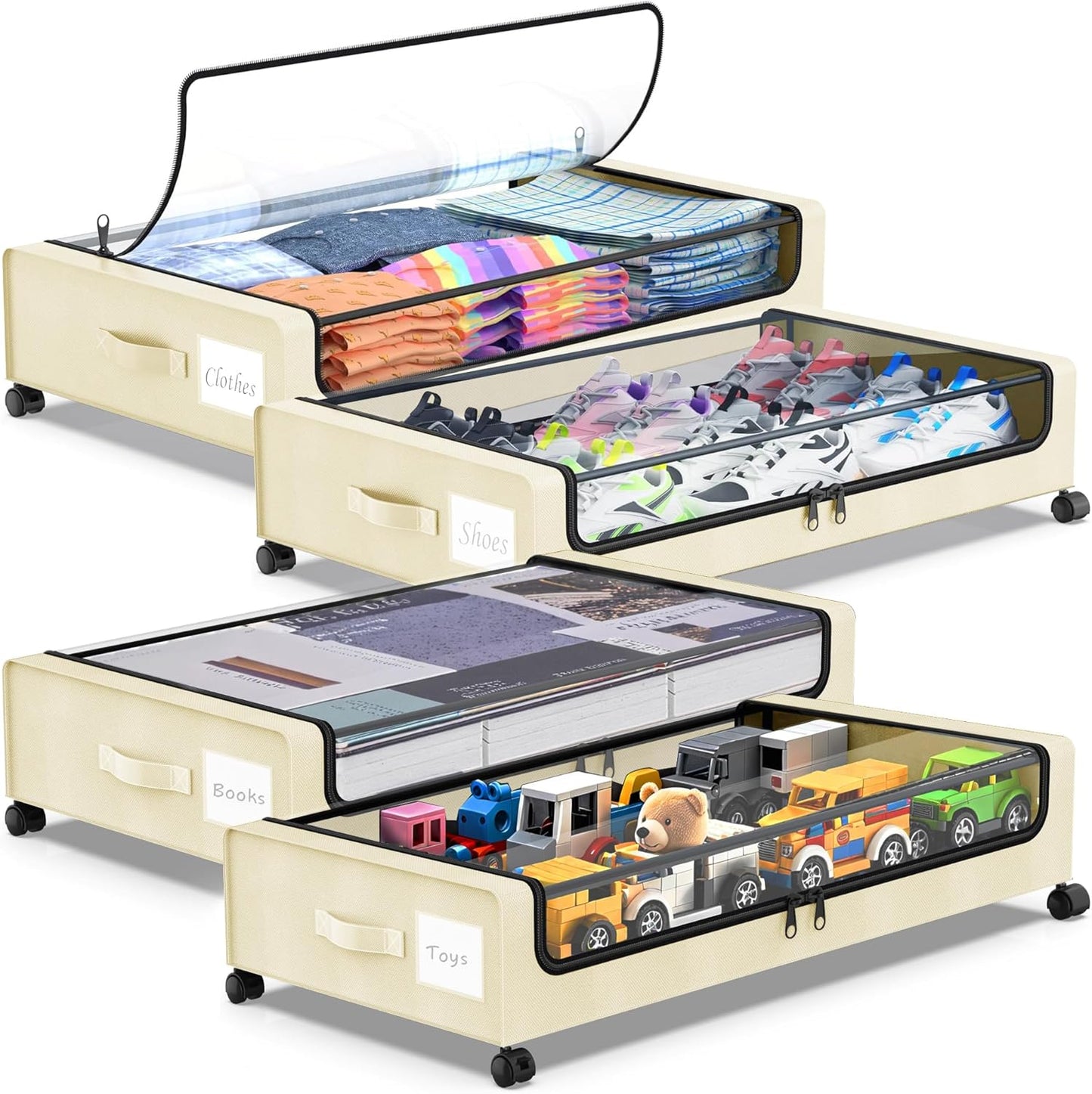 Under Bed Storage with Wheels for Clothes and Shoes - 4-Pack