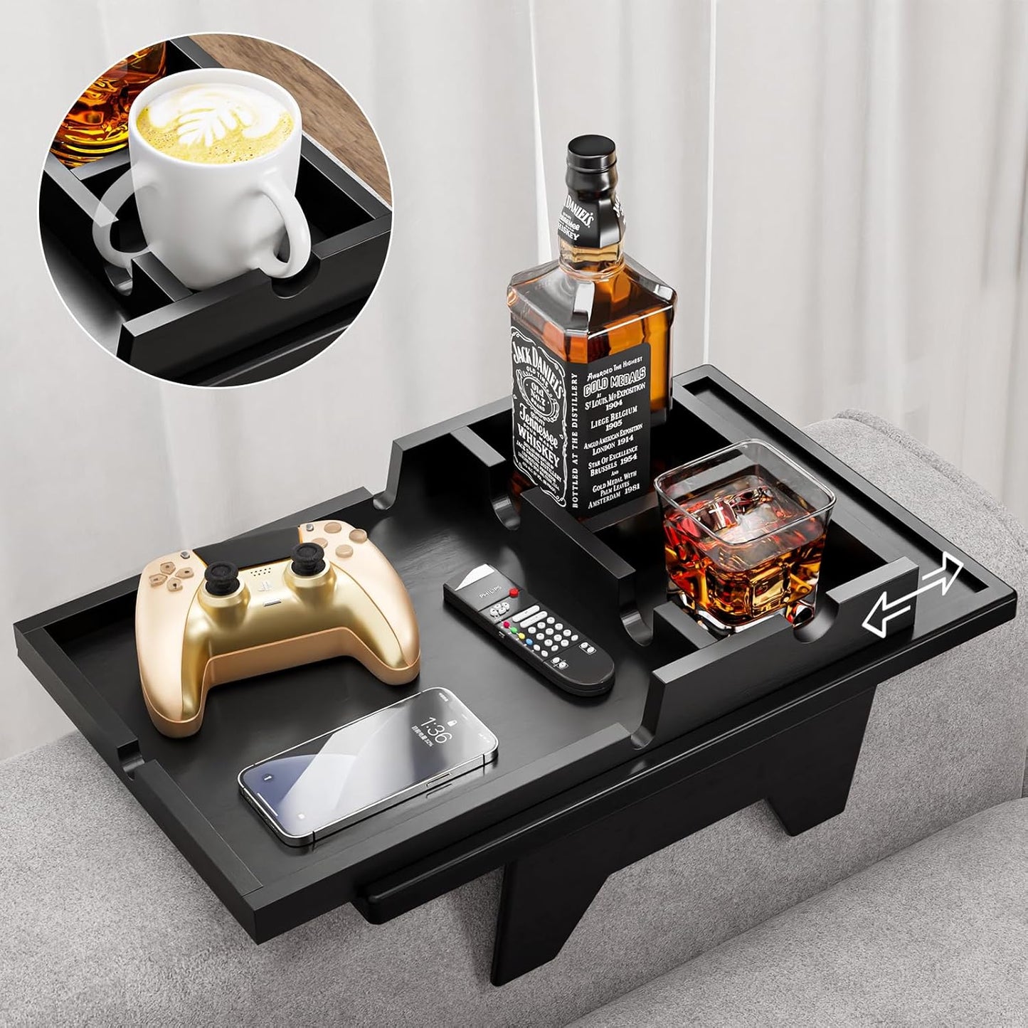 Black Couch Cup Holder Tray - 2 in 1 Armrest Table for Drinks