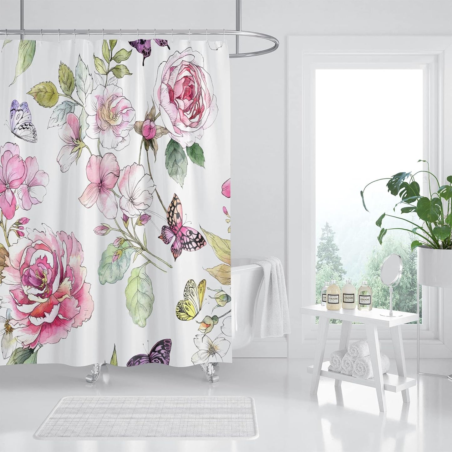 Waterproof Pink Rose Shower Curtain Set - 72x72 Inches