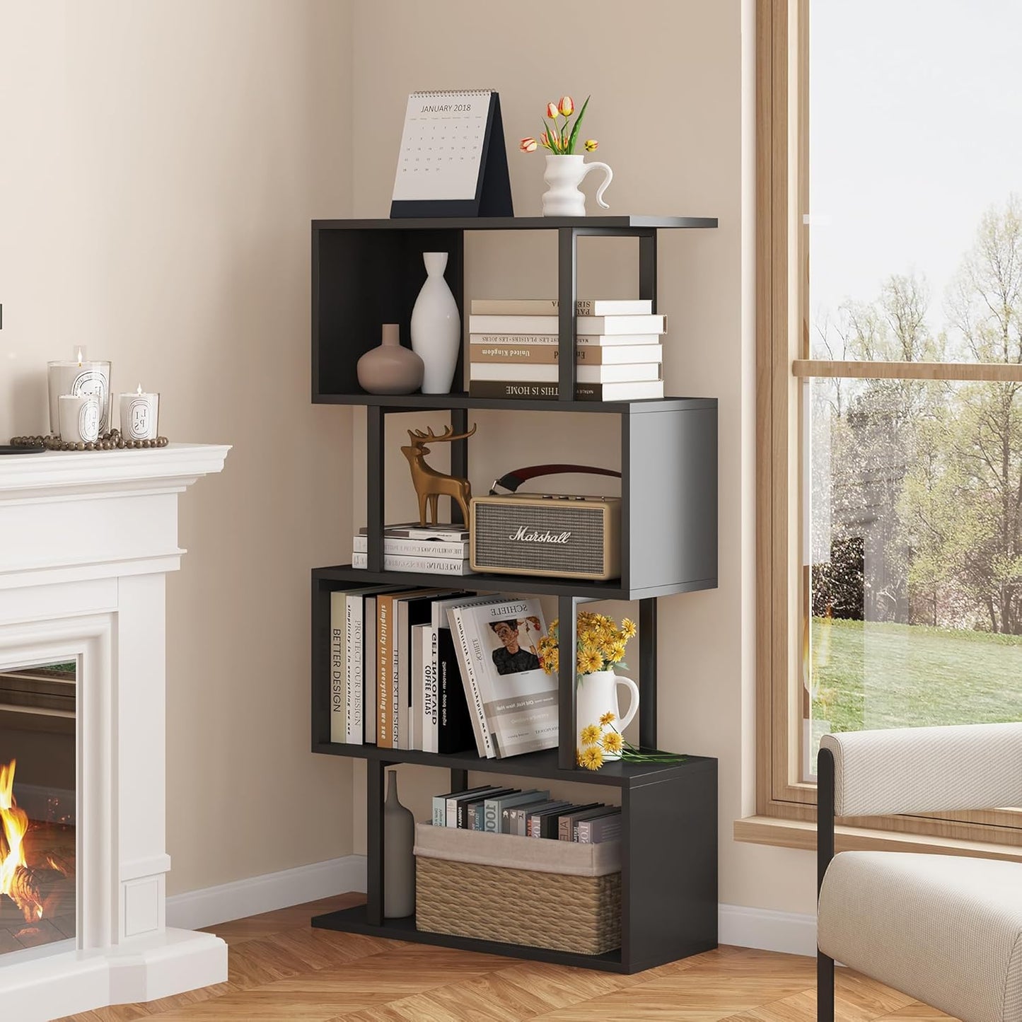 Yusong Geometric Bookcase - Modern S Shaped 4-Tier Shelf
