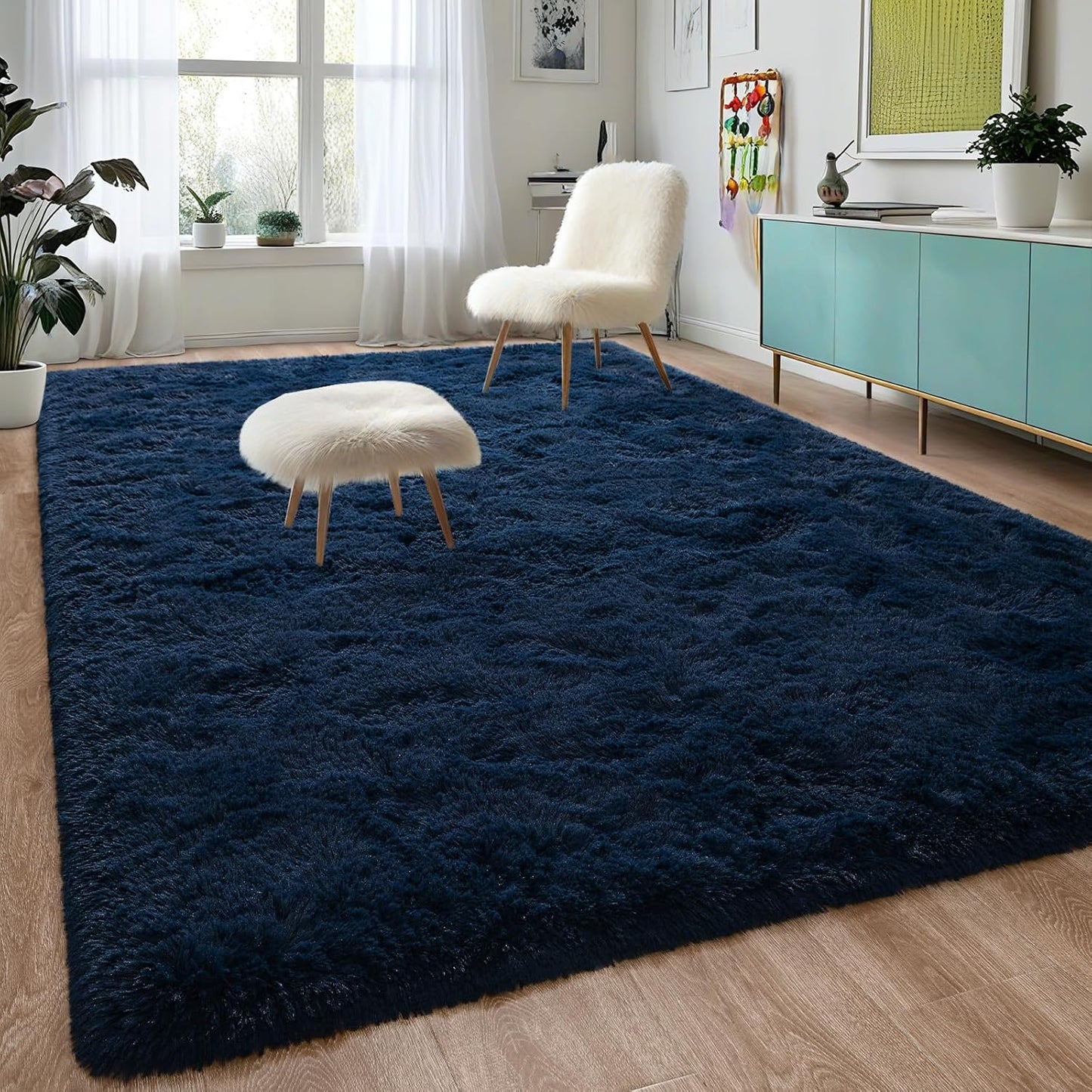 DweIke Fluffy Navy Blue Rugs for Bedroom and Living Room