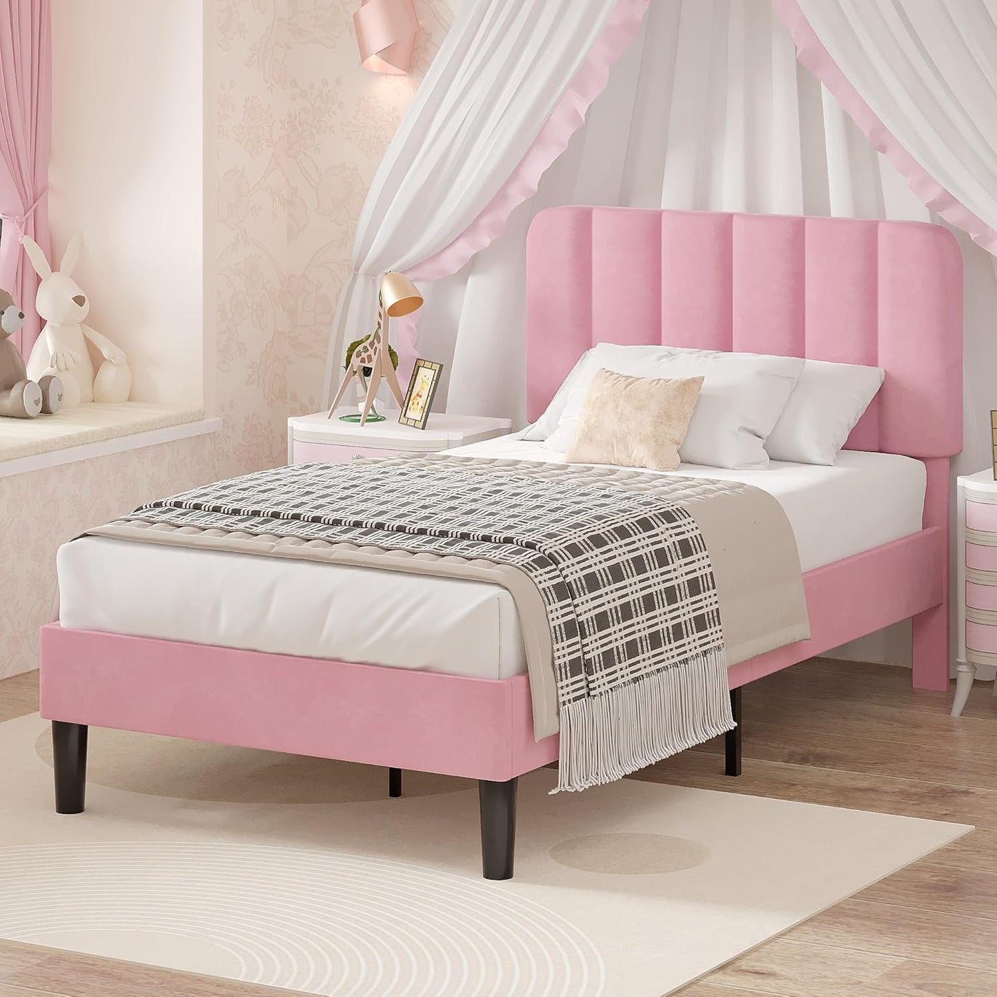 VECELO Twin Size Bed Frame with Upholstered Headboard in Pink