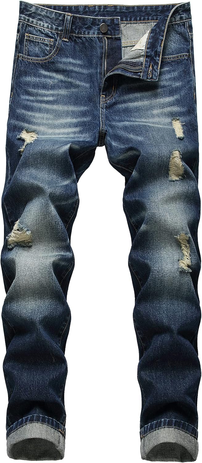 Men's Ripped Jeans Slim Fit Distressed Straight Leg Denim Pants