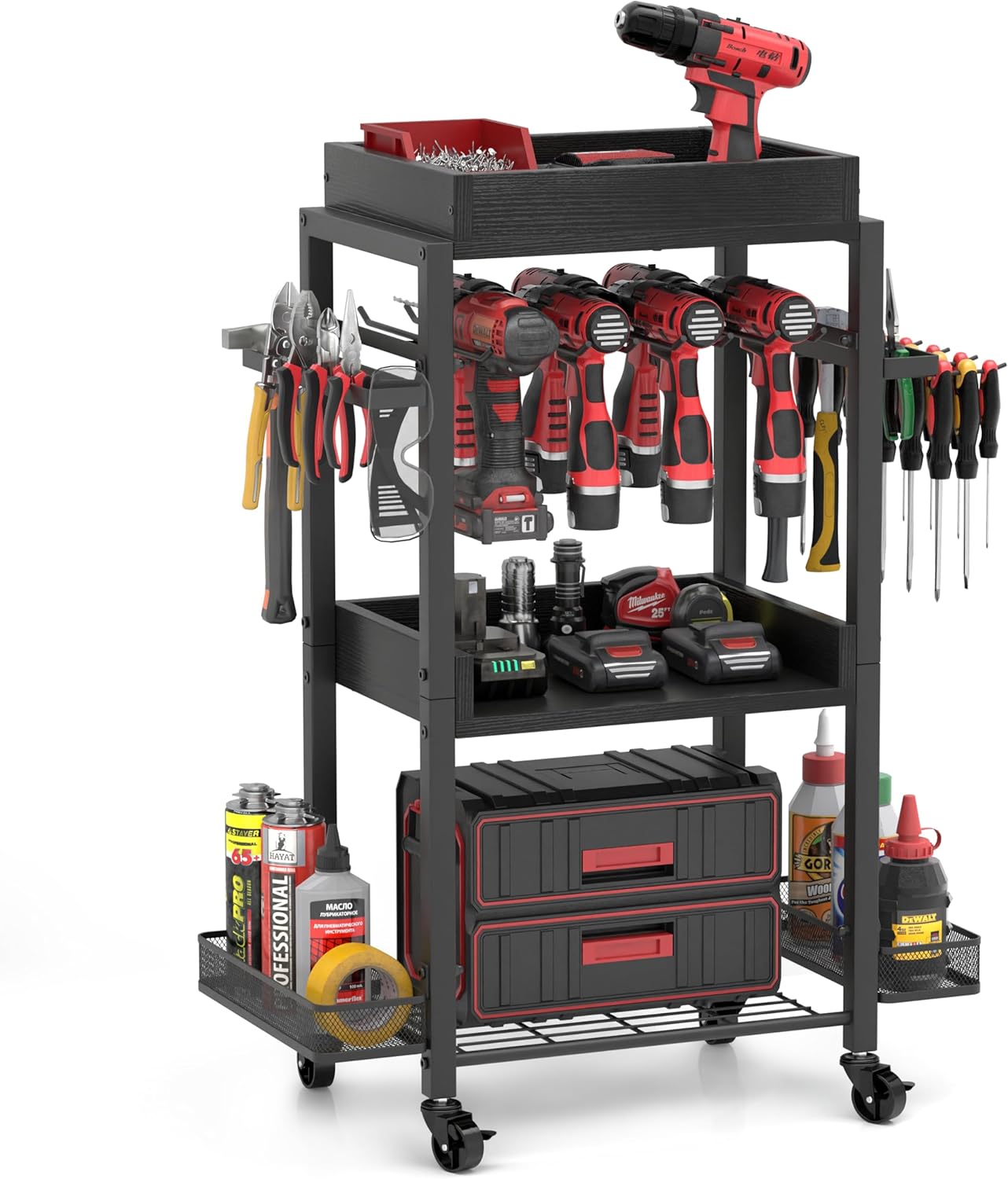 Power Tool Organizer for Garage Storage with Rolling Cart Design