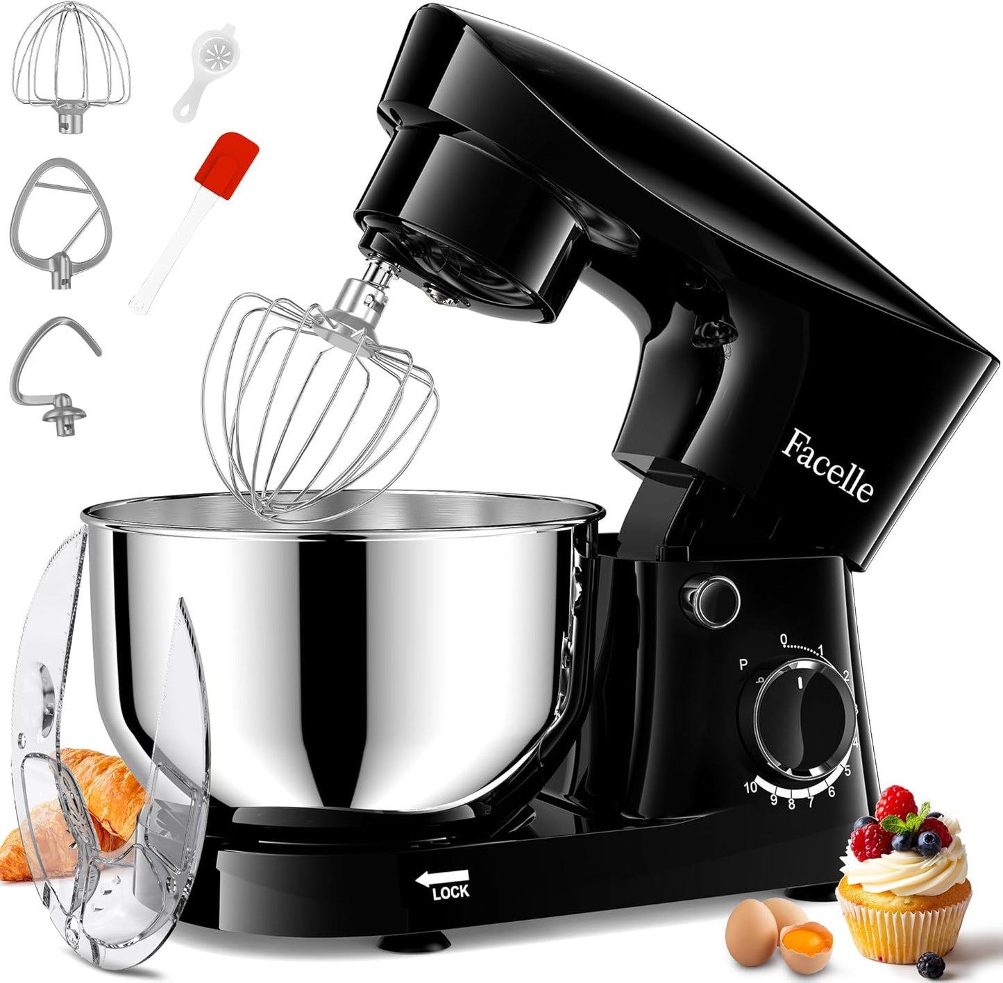 Facelle Stand Mixer 10-Speed 6QT Kitchen Electric Mixer Black