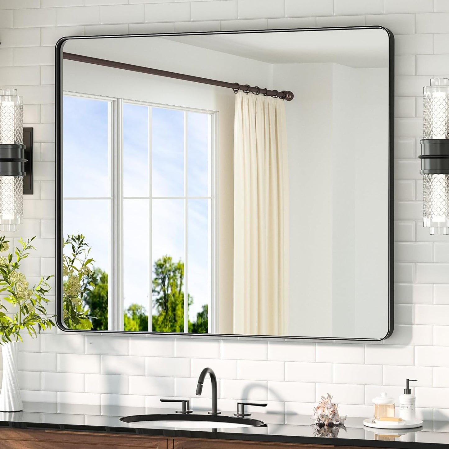 TETOTE 42 x 36 Black Bathroom Mirror with Matte Black Frame