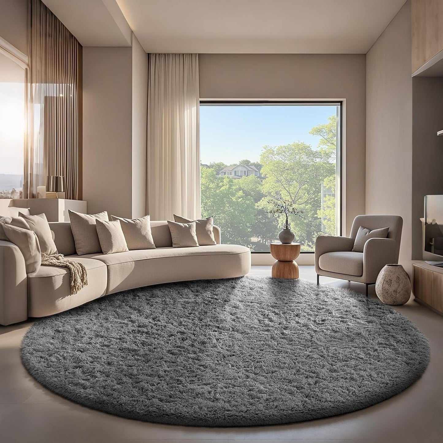 Ophanie Round Rugs 7Ft Grey Circle Area Rug for Cozy Spaces