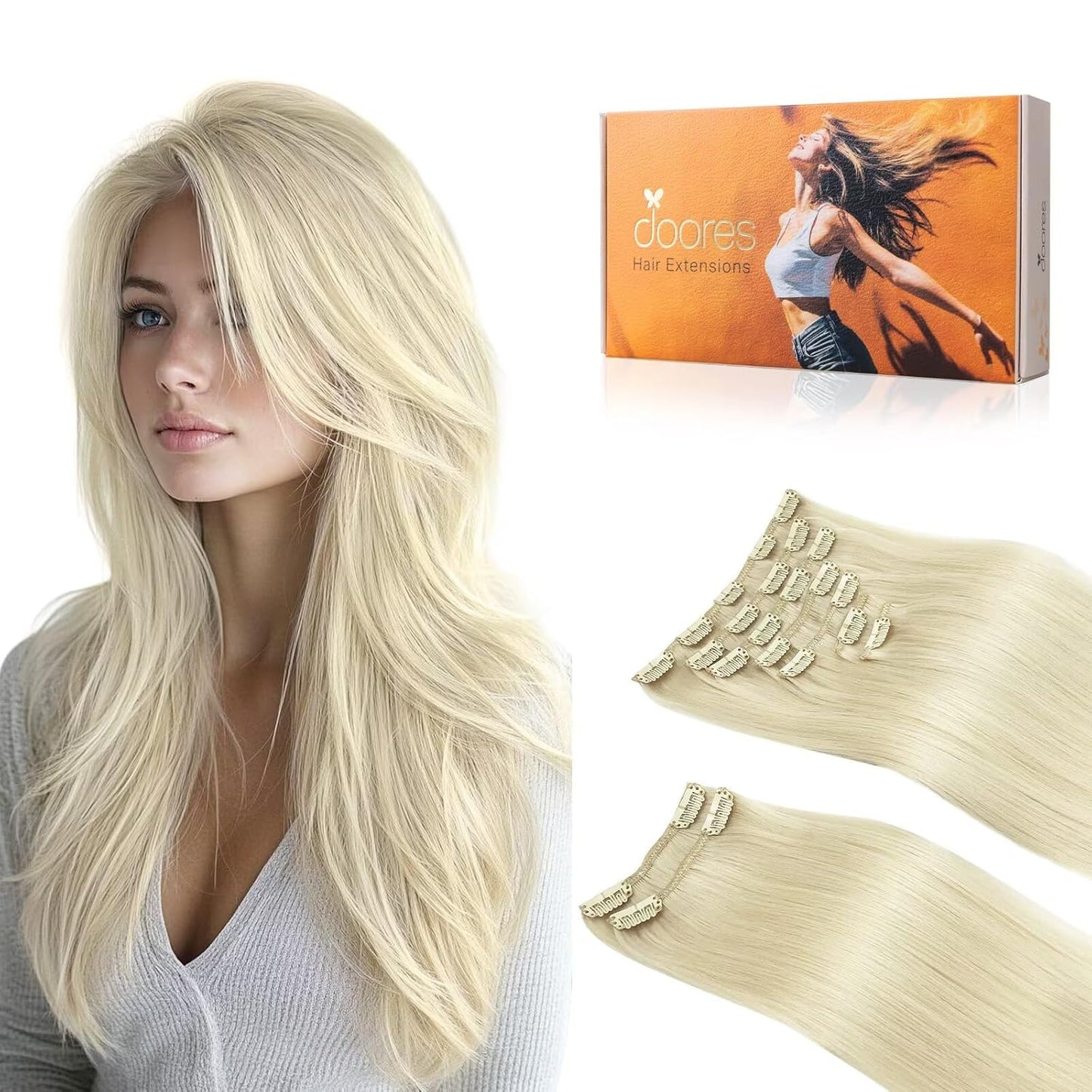 DOORES Human Hair Extensions 24 Inch Platinum Blonde Clip Ins
