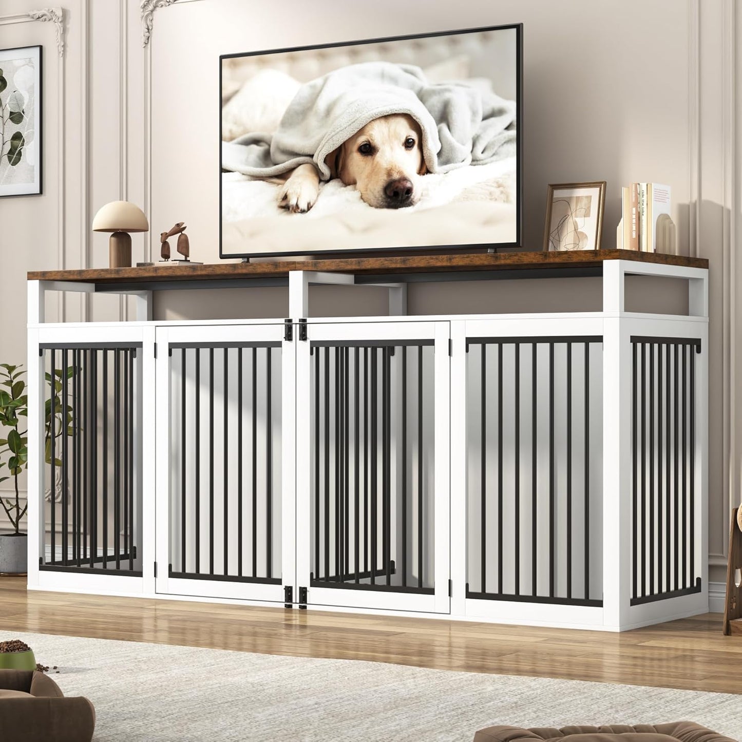 87In Farmhouse Dog Crate TV Stand for Large Dogs with 4 Locks