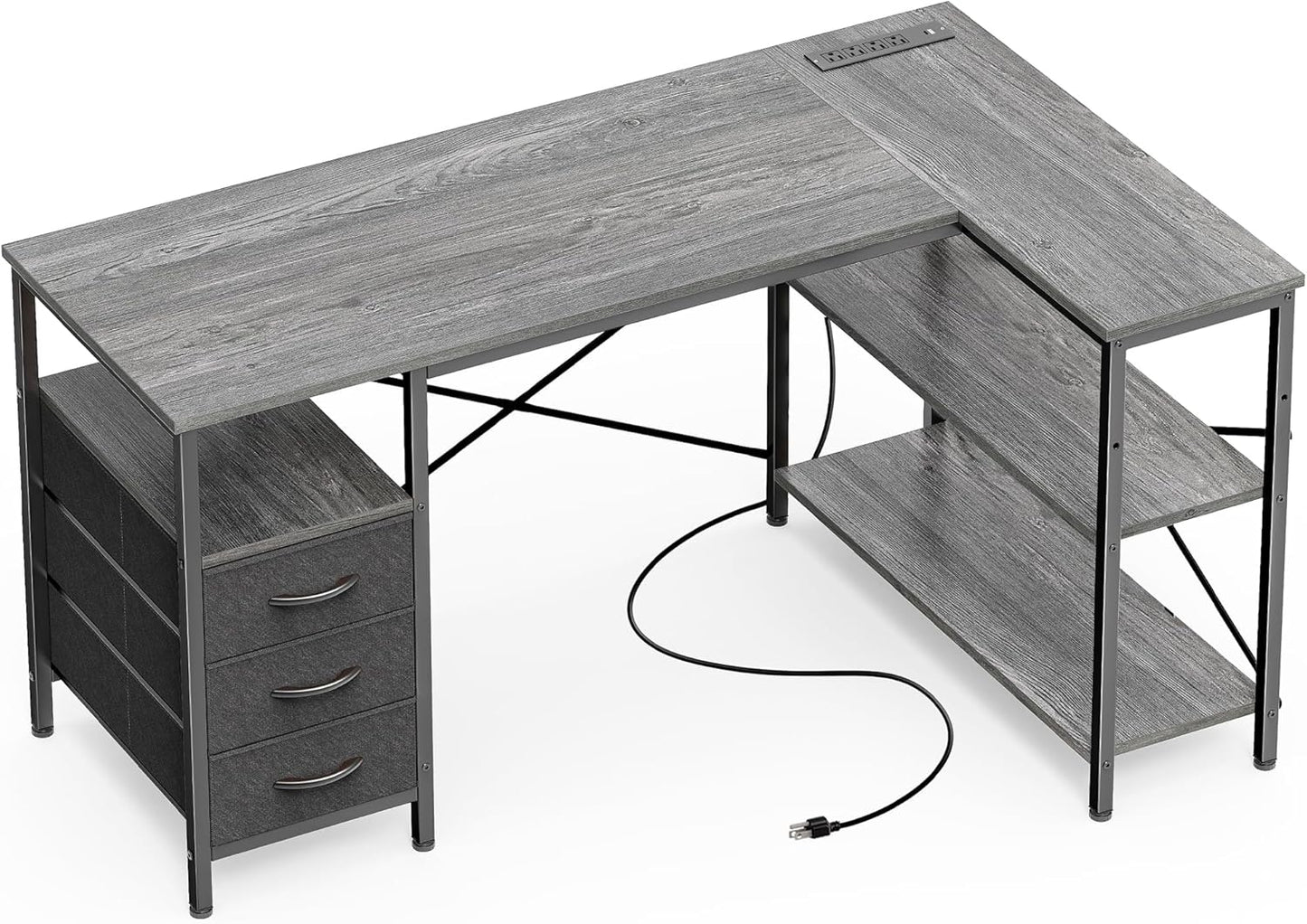 L Shaped Office Desk with Power Outlets and 3 Drawers