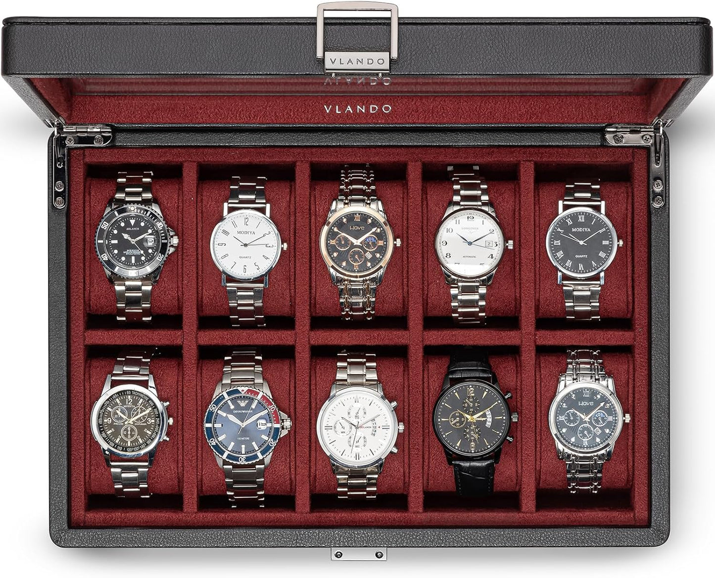 Lockable Watch Box with Large Glass Lid in Red