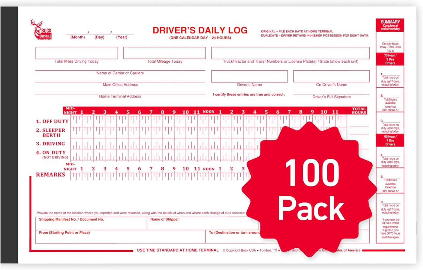 100 Pack Driver Daily Log Books for Truck Drivers - FMCSA Compliant