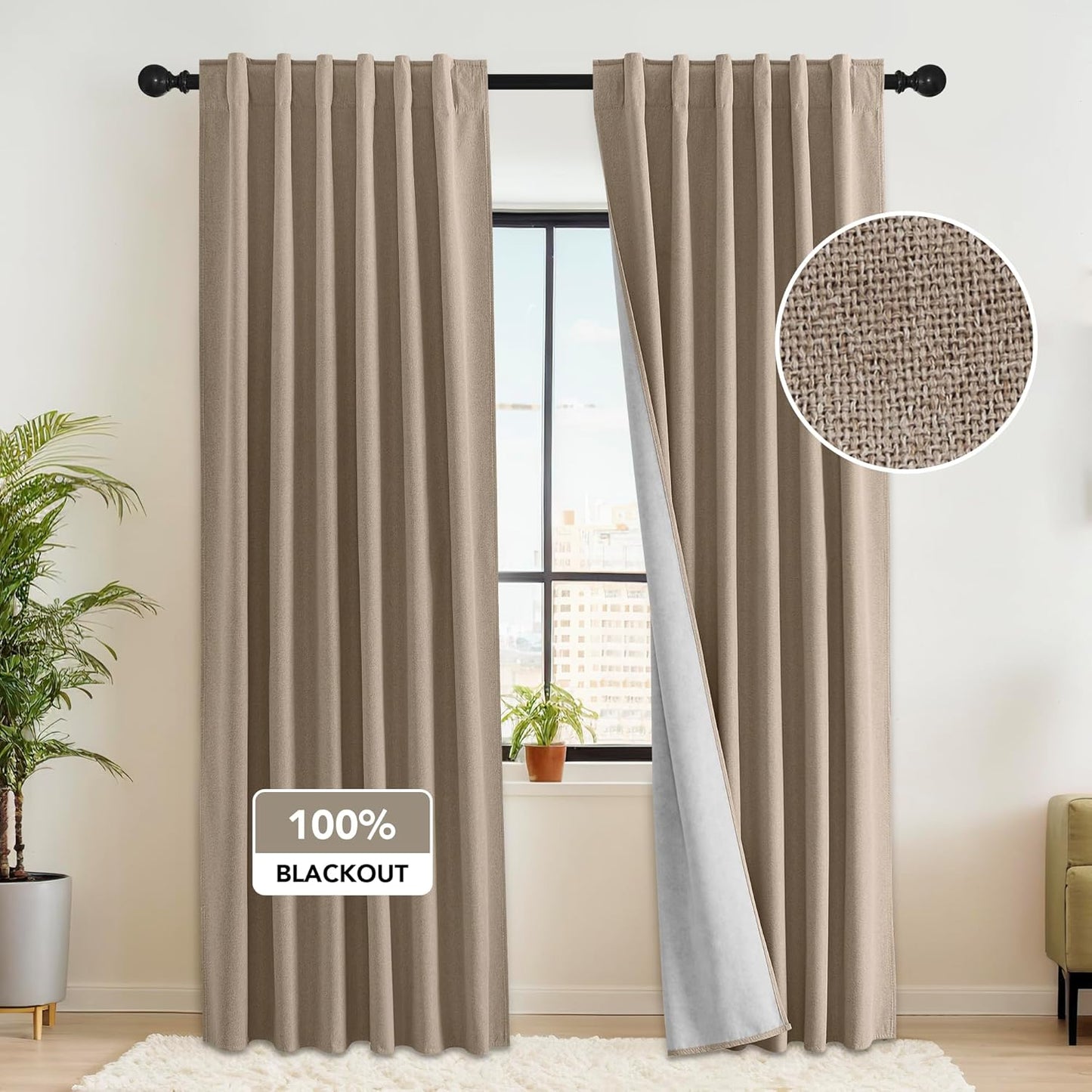 RYB HOME 100% Blackout Flax Linen Curtains for Total Privacy